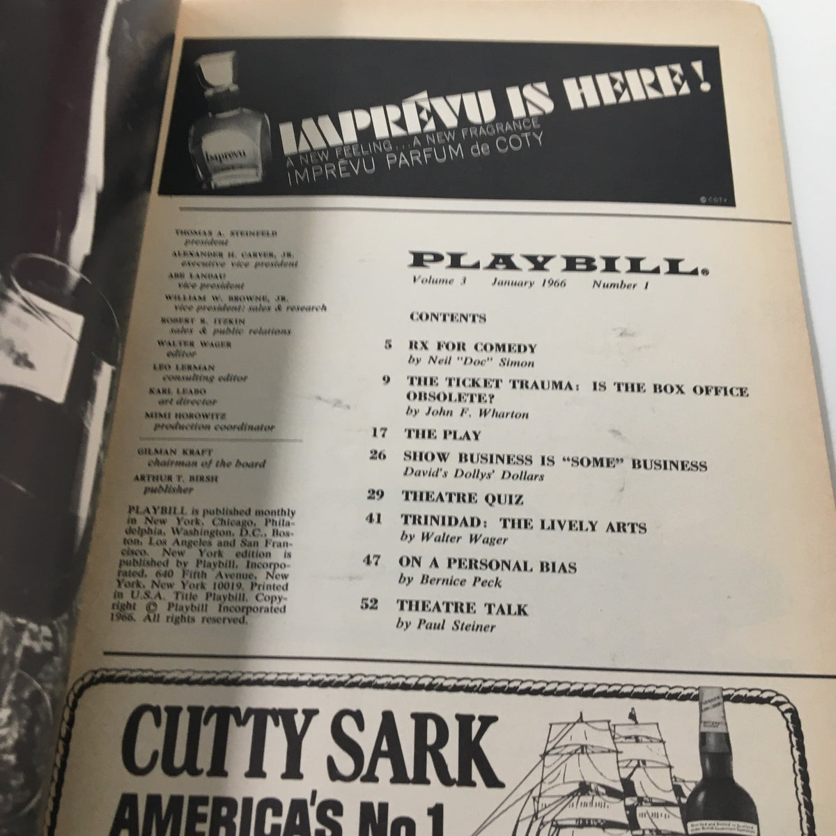 Interior page of the 1966 Playbill for The Morosco Theatre, showing the contents list and articles including RX for Comedy and Theatre Talk, highlighting the cultural significance of the era in which Henry Fonda starred in 'Generation'.