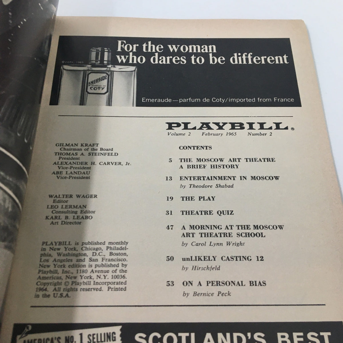 Inside page of the 1965 Playbill for The Cherry Orchard, displaying magazine content and articles related to the Moscow Art Theatre production.