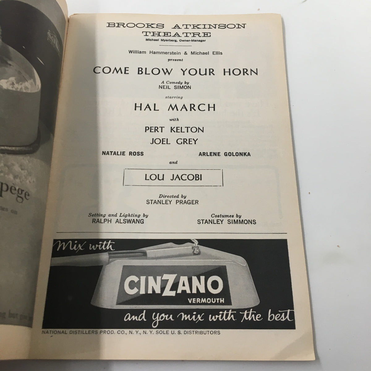Interior page of the 1961 Playbill for 'Come Blow Your Horn' at Brooks Atkinson Theatre, detailing production credits and cast information.