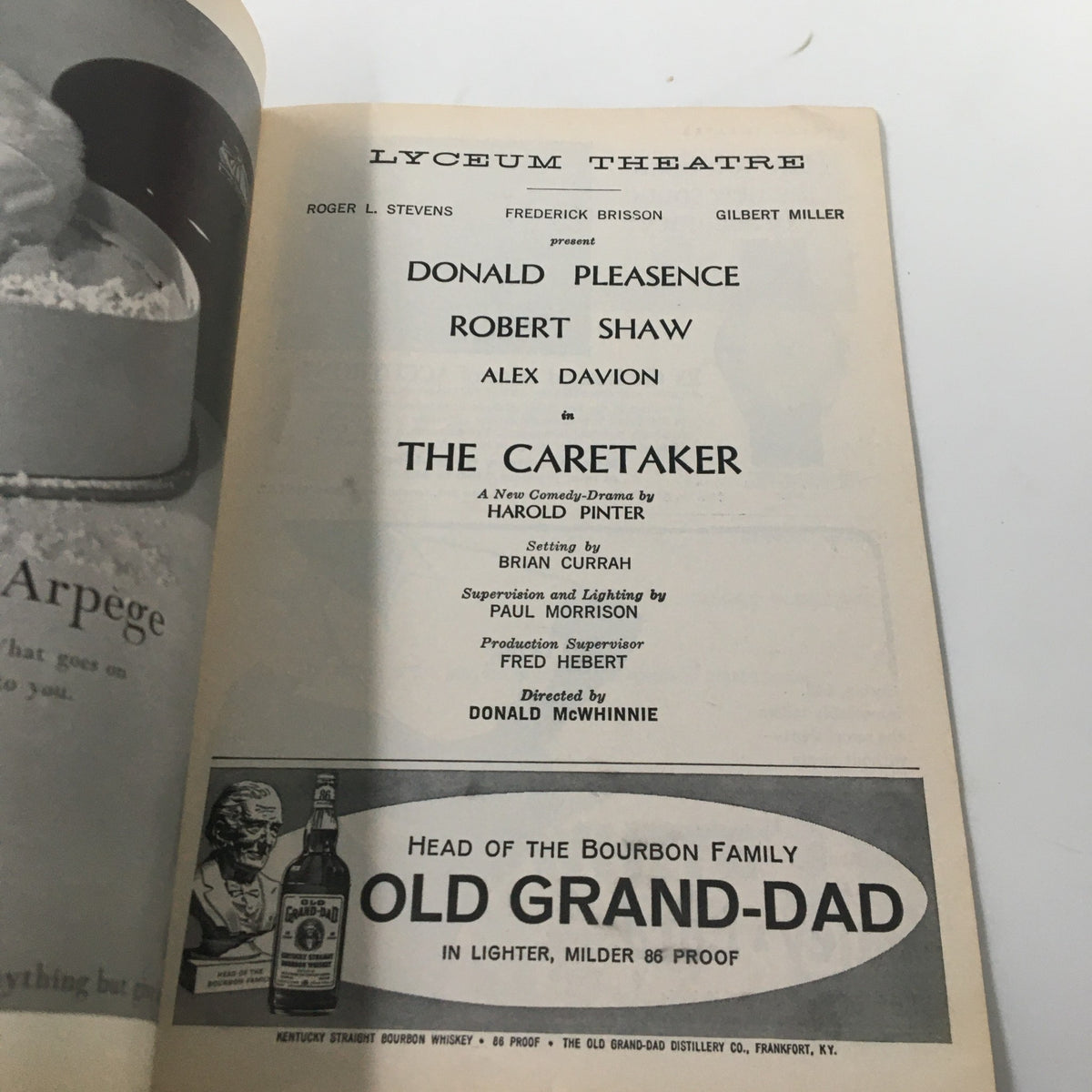 Another interior page of the 1962 Playbill highlighting the cast including Donald Pleasance and Robert Shaw for The Caretaker at the Lyceum Theatre.