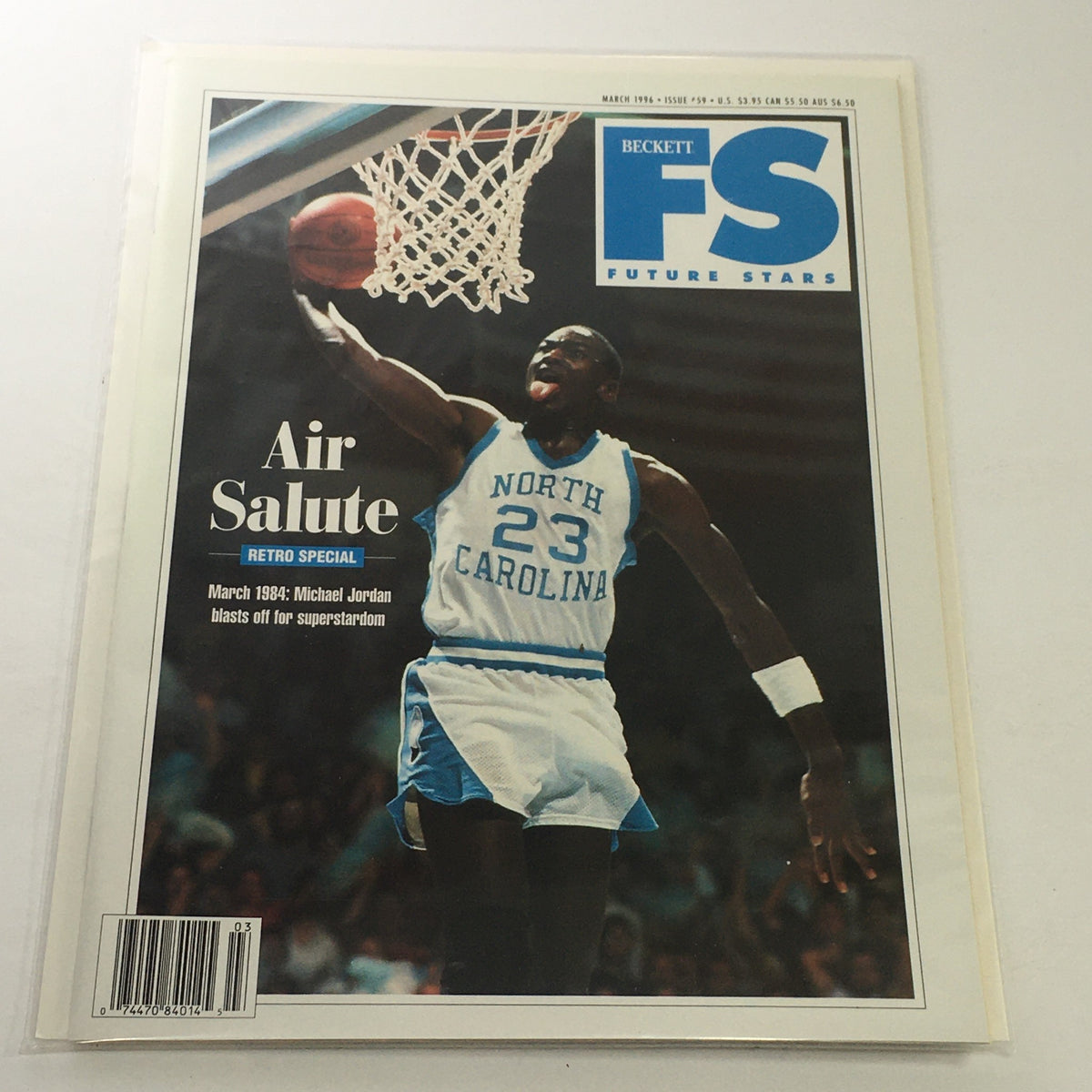 Beckett Future Stars: March 1996 Issue #59 cover featuring a tribute to Michael Jordan with the title 'Air Salute' and a basketball action shot.