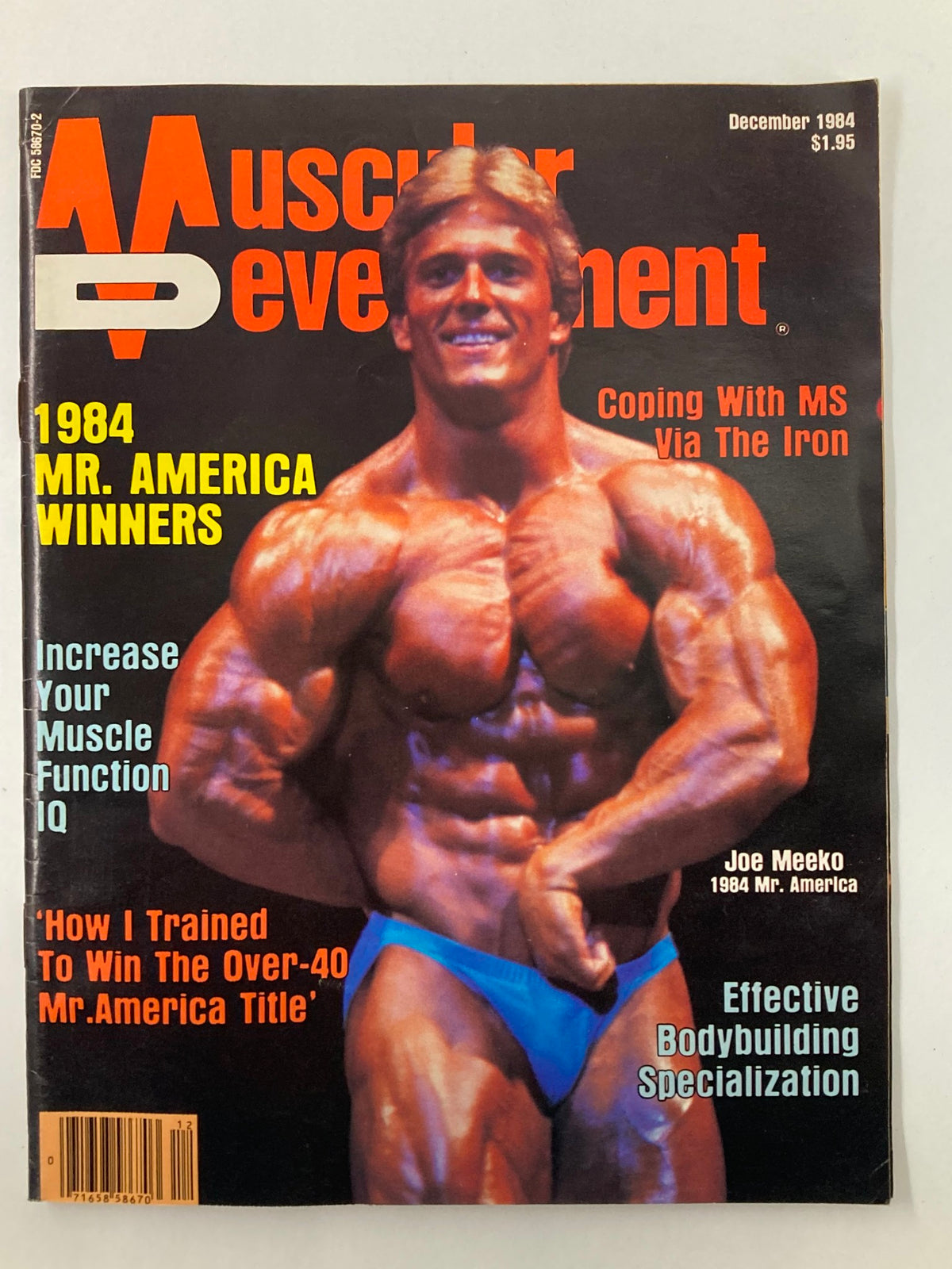 Cover of VTG Muscular Development Magazine December 1984 Vol 21 #4 featuring Joe Meeko, Mr. America, showcasing his impressive physique and highlighting bodybuilding trends of the era.