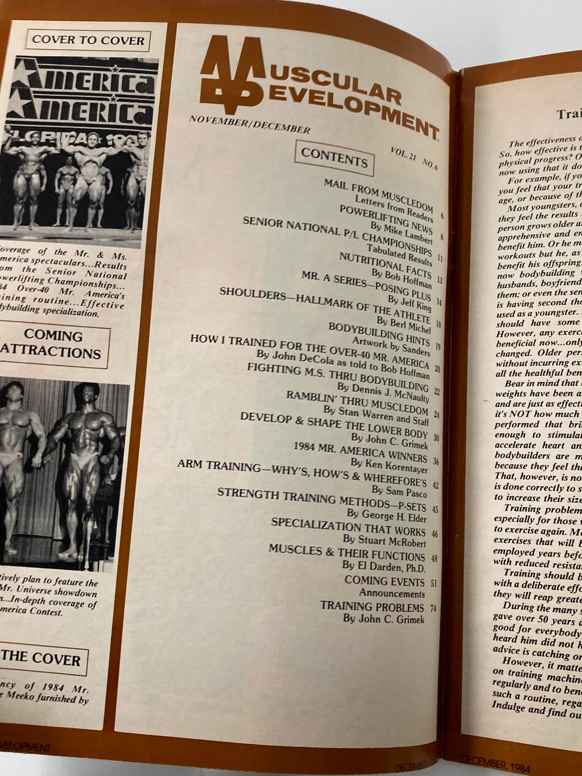 Inside page of VTG Muscular Development Magazine December 1984 Vol 21 #4 displaying the table of contents, detailing articles and features about bodybuilding and fitness.