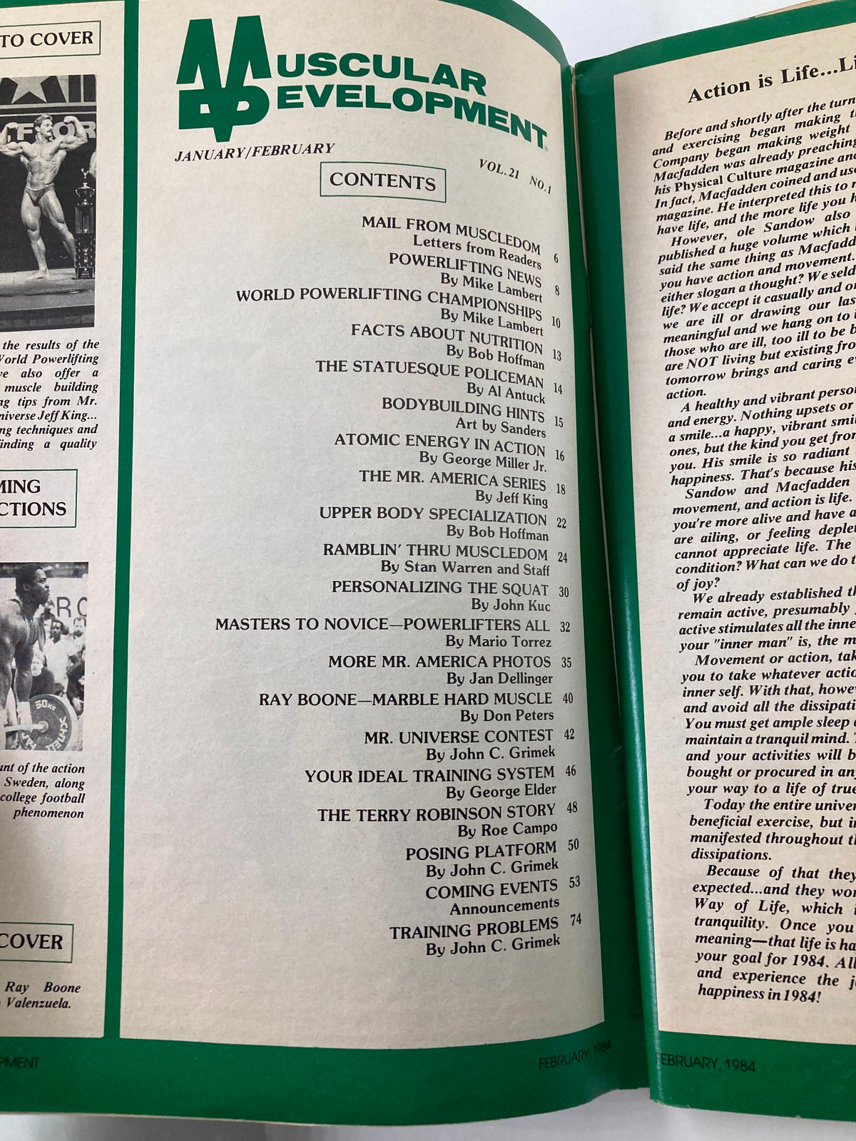 Contents page of VTG Muscular Development Magazine February 1984 Vol 21 #1, displaying articles related to bodybuilding, nutrition, and training tips.