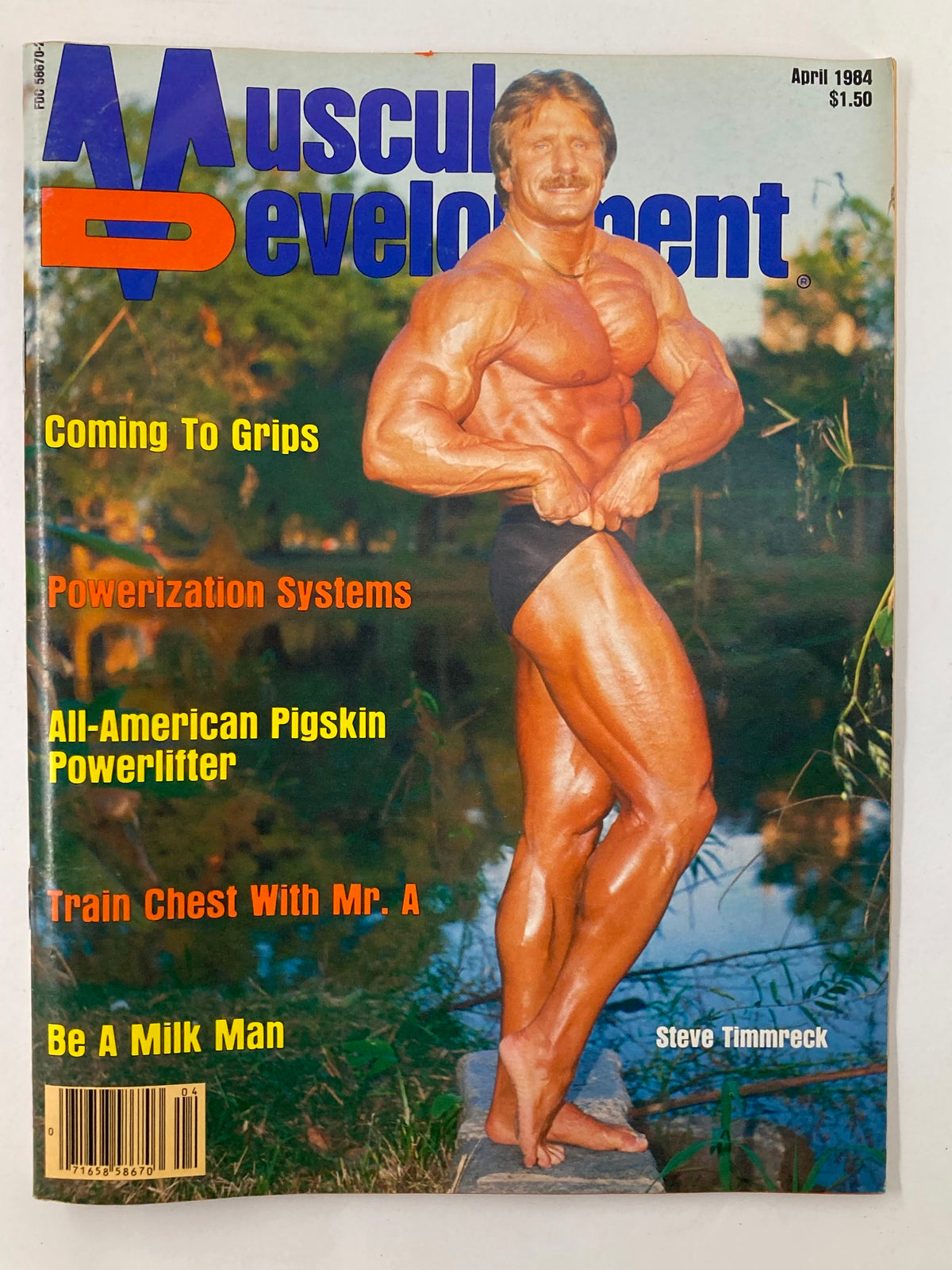 Cover of Muscular Development Magazine April 1984 Vol 21 #2 featuring Steve Timmreck. The cover highlights articles on powerlifting, training techniques, and tips for fitness enthusiasts, showcasing a muscular figure in a natural outdoor setting.