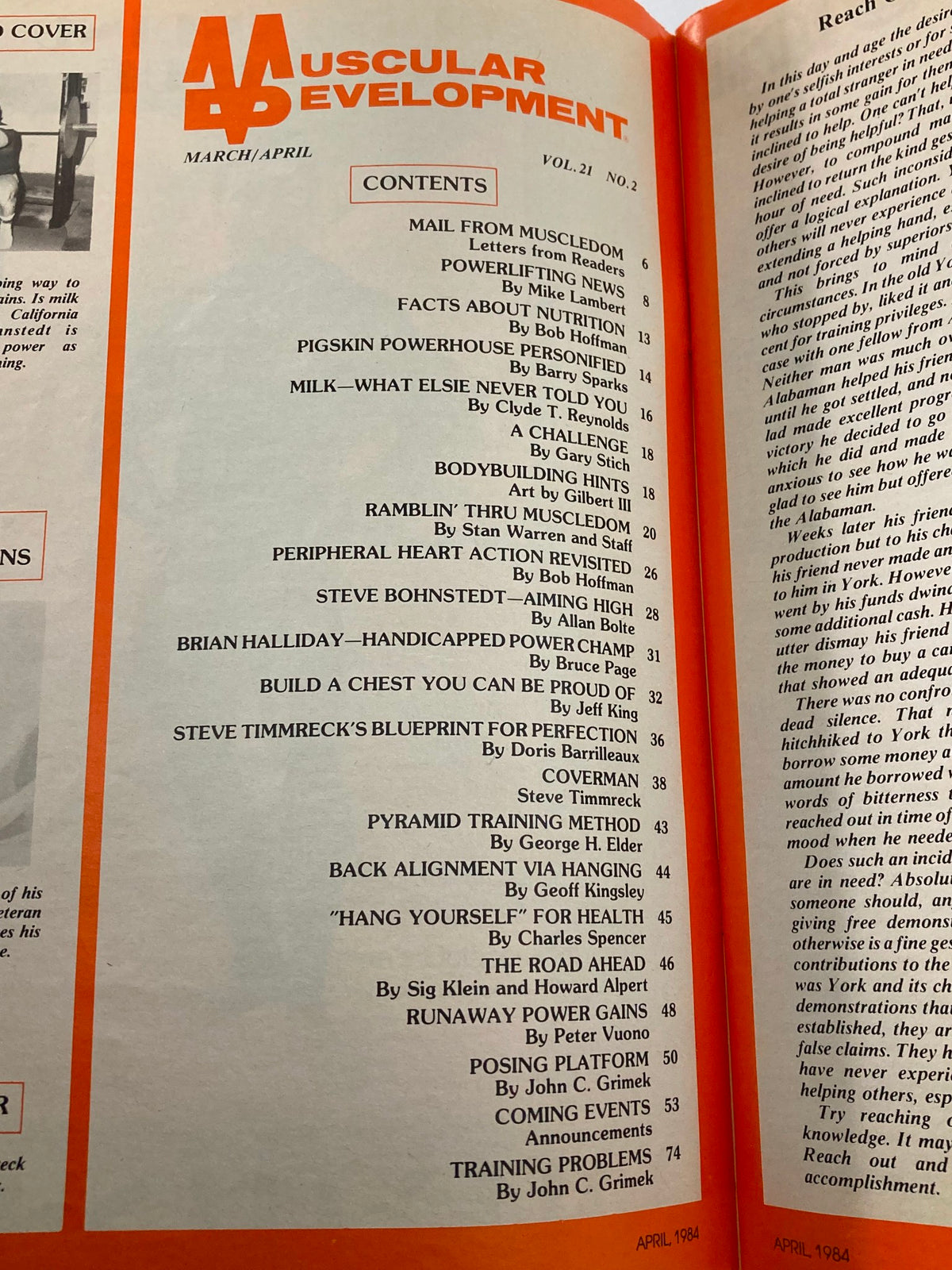 Contents page of Muscular Development Magazine April 1984 Vol 21 #2 featuring Steve Timmreck, listing articles and topics related to bodybuilding and fitness.