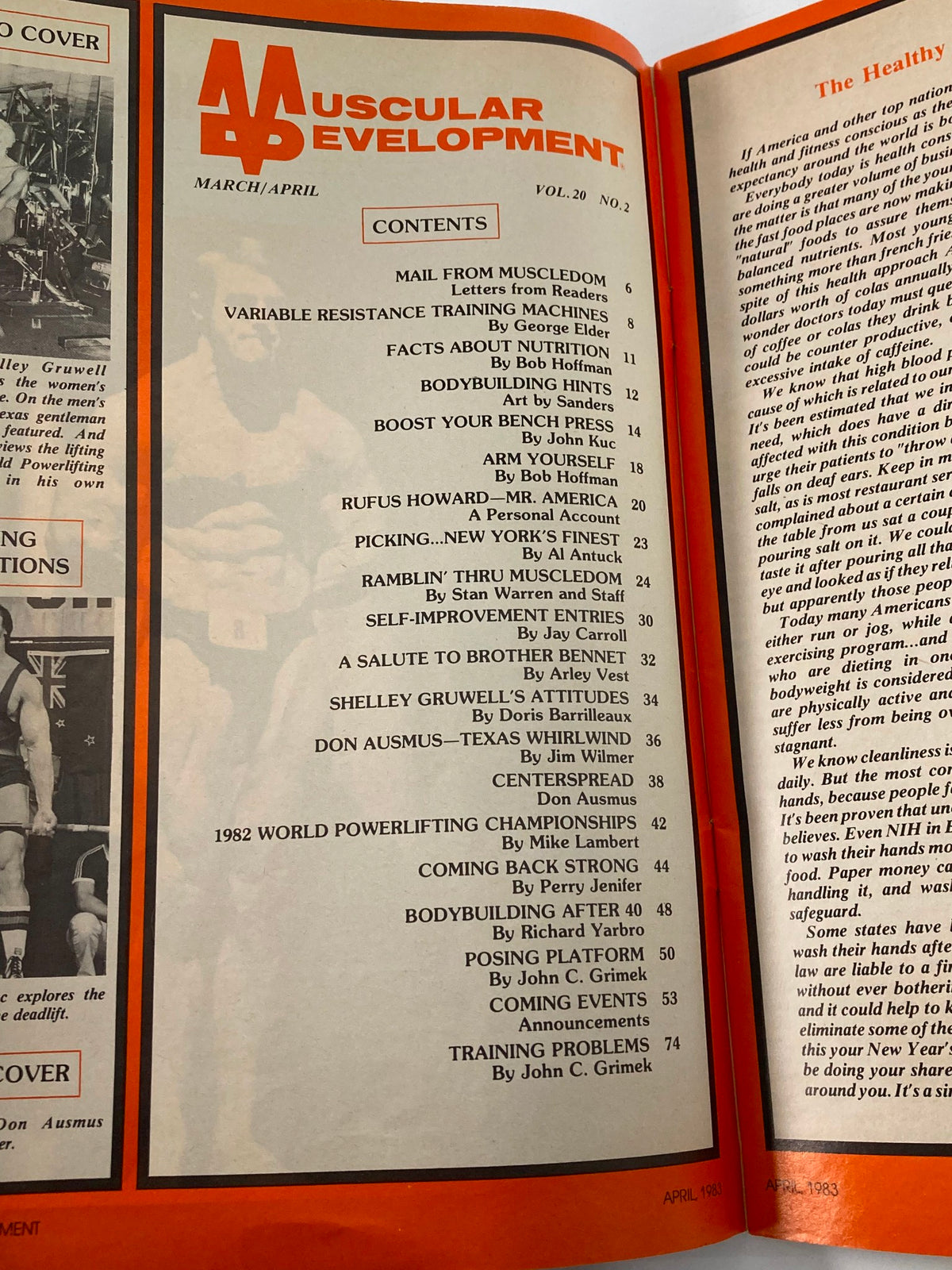 Inside contents page of VTG Muscular Development Magazine April 1983 Vol 20 #2, detailing articles and features including 'Rufus Howard—Mr. America' and 'Bodybuilding After 40', reflecting fitness culture and bodybuilding insights of the time.