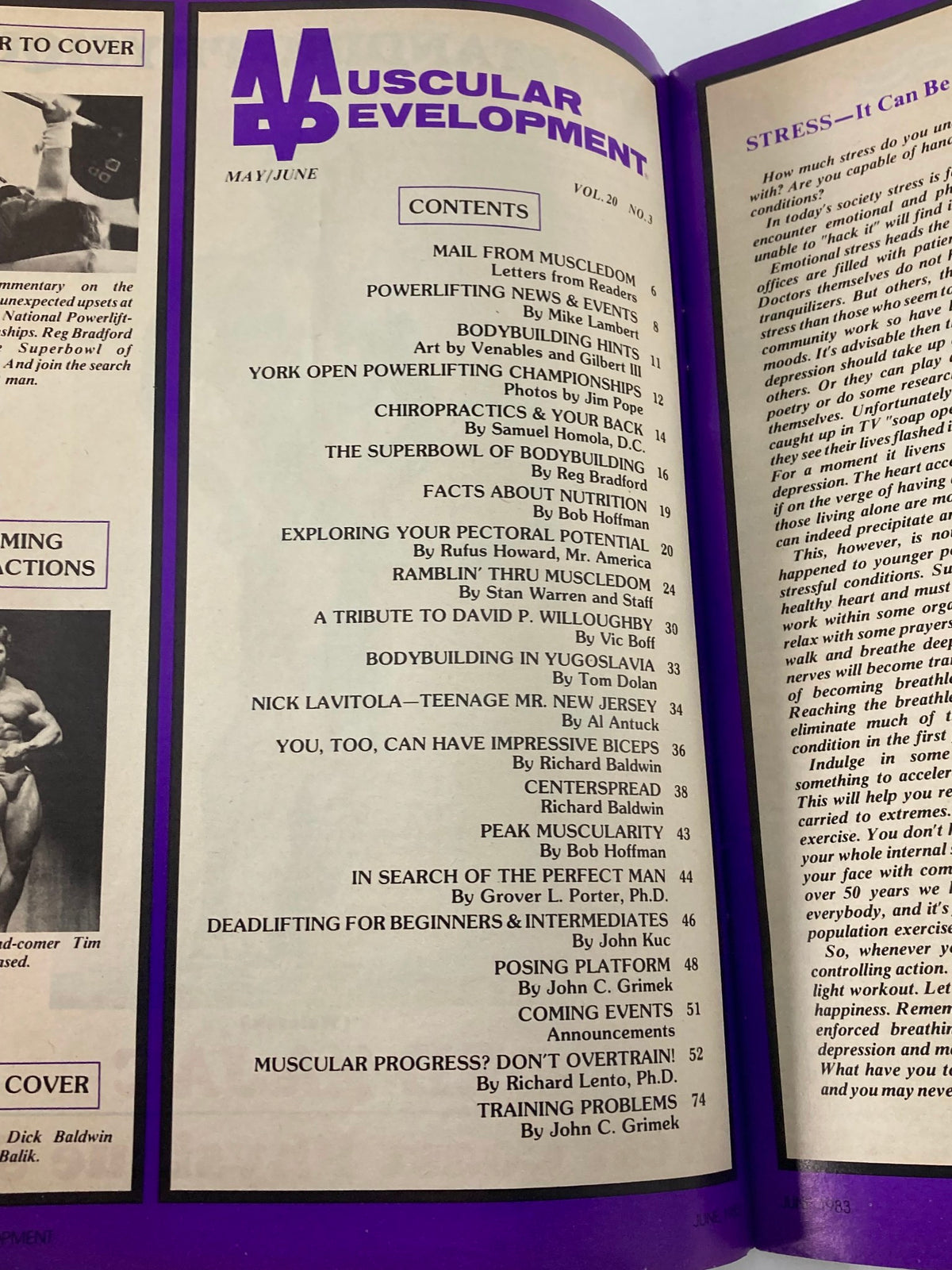 Contents page of VTG Muscular Development Magazine June 1983 Vol 20 #3 listing articles on bodybuilding topics.