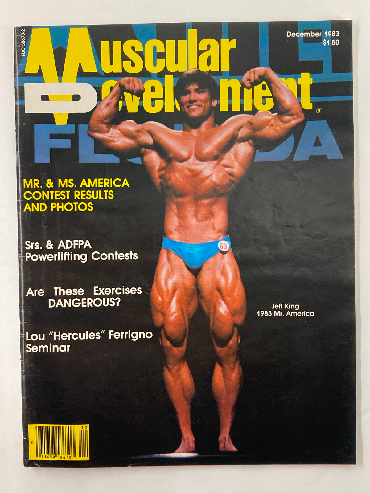VTG Muscular Development Magazine December 1983 featuring Jeff King, Mr. America, flexing his muscles on the cover; a vintage collectible showcasing bodybuilding culture.