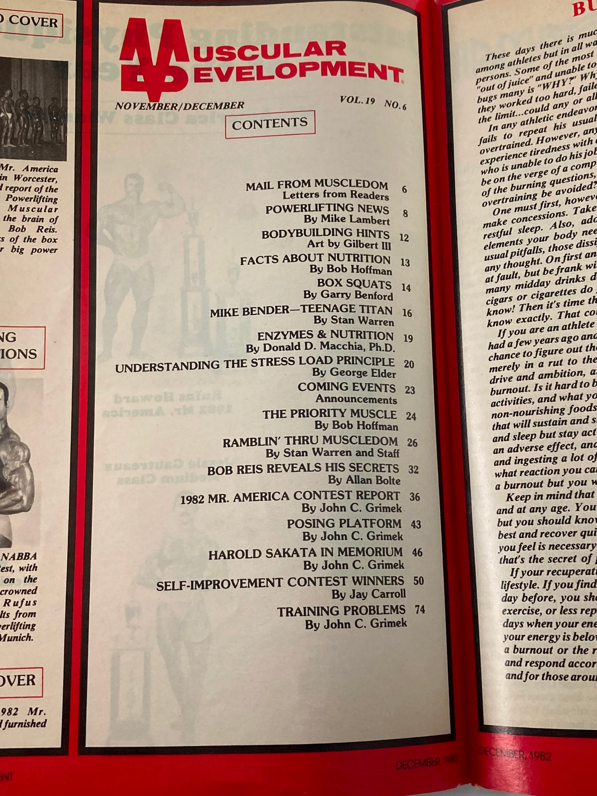 Contents page of VTG Muscular Development Magazine December 1982 Vol 19 #6, showcasing articles on bodybuilding hints, nutrition, and insights into fitness trends.