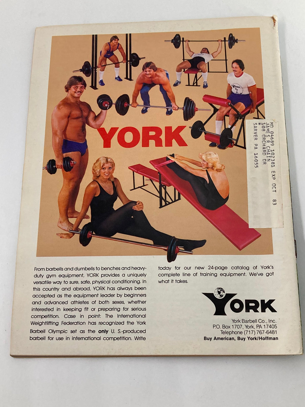 Back cover of VTG Muscular Development Magazine February 1983 Vol 20 #1 promoting YORK gym equipment with vintage fitness imagery.