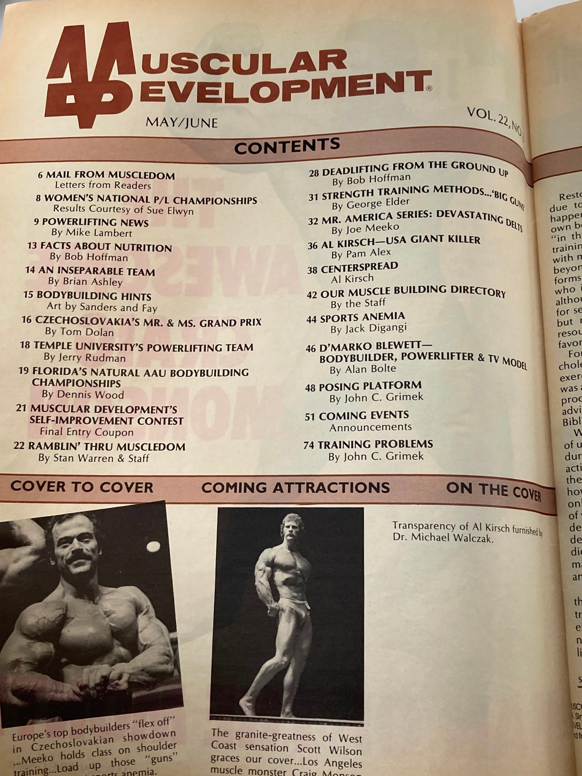 Contents page of Muscular Development Magazine, May-June 1985, detailing articles and features including Al Kirsch's segment, emphasizing the magazine's focus on bodybuilding and fitness.