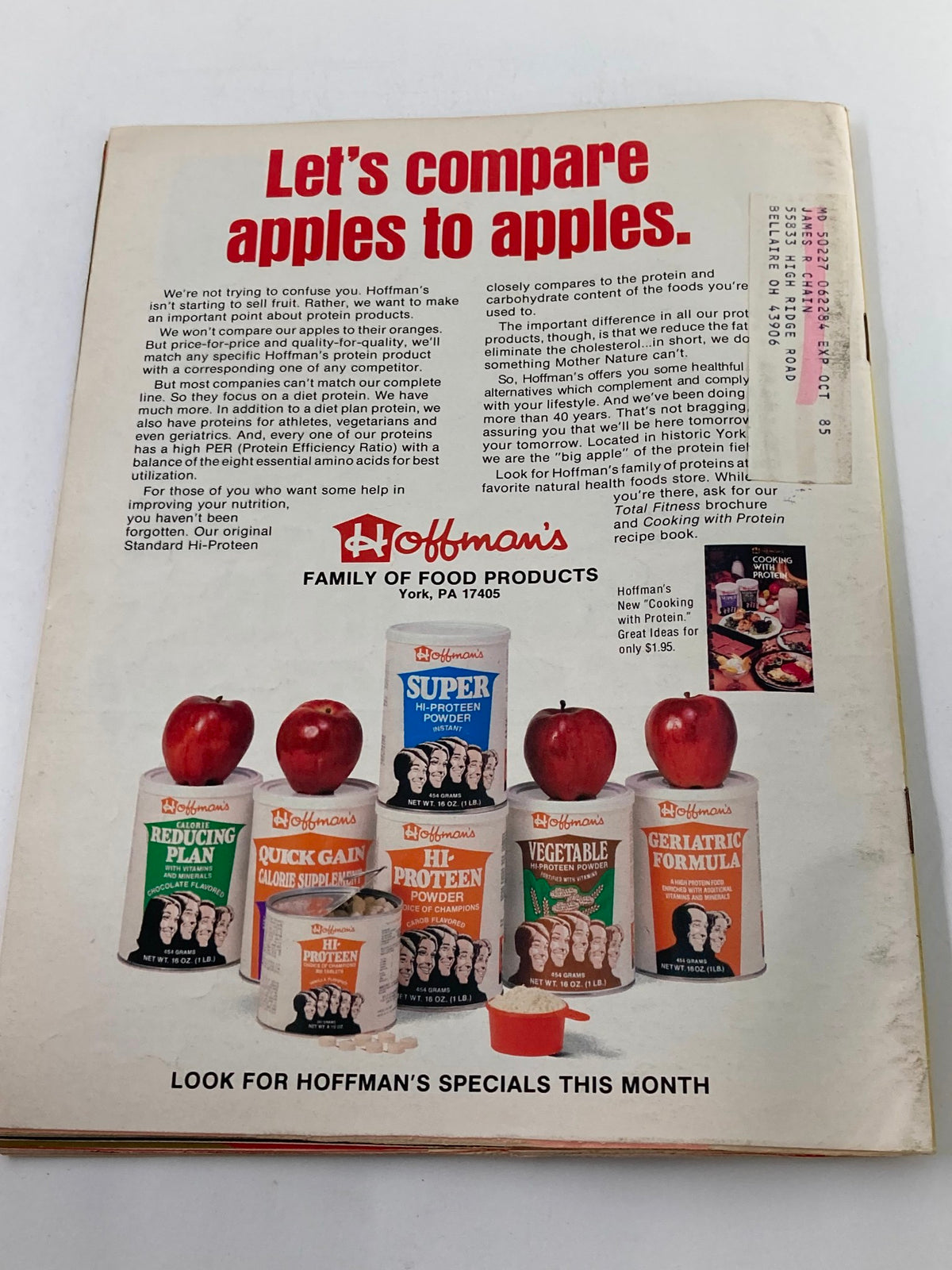 Back cover of Muscular Development Magazine, May-June 1985, promoting Hoffman's family of protein products with a layout featuring various protein supplements, highlighting the era's fitness culture.