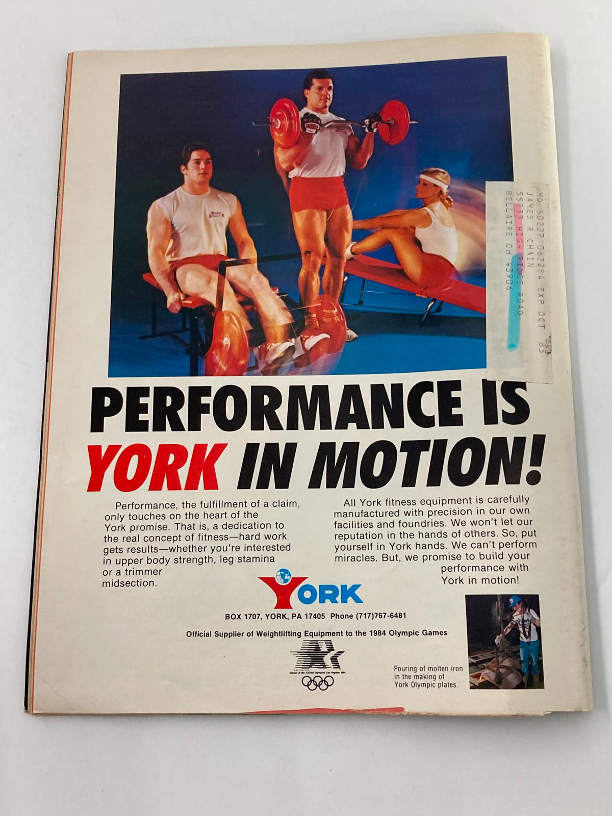 Back cover of Muscular Development Magazine July August 1985 showcasing a York fitness equipment advertisement, highlighting their dedication to quality and performance in bodybuilding.