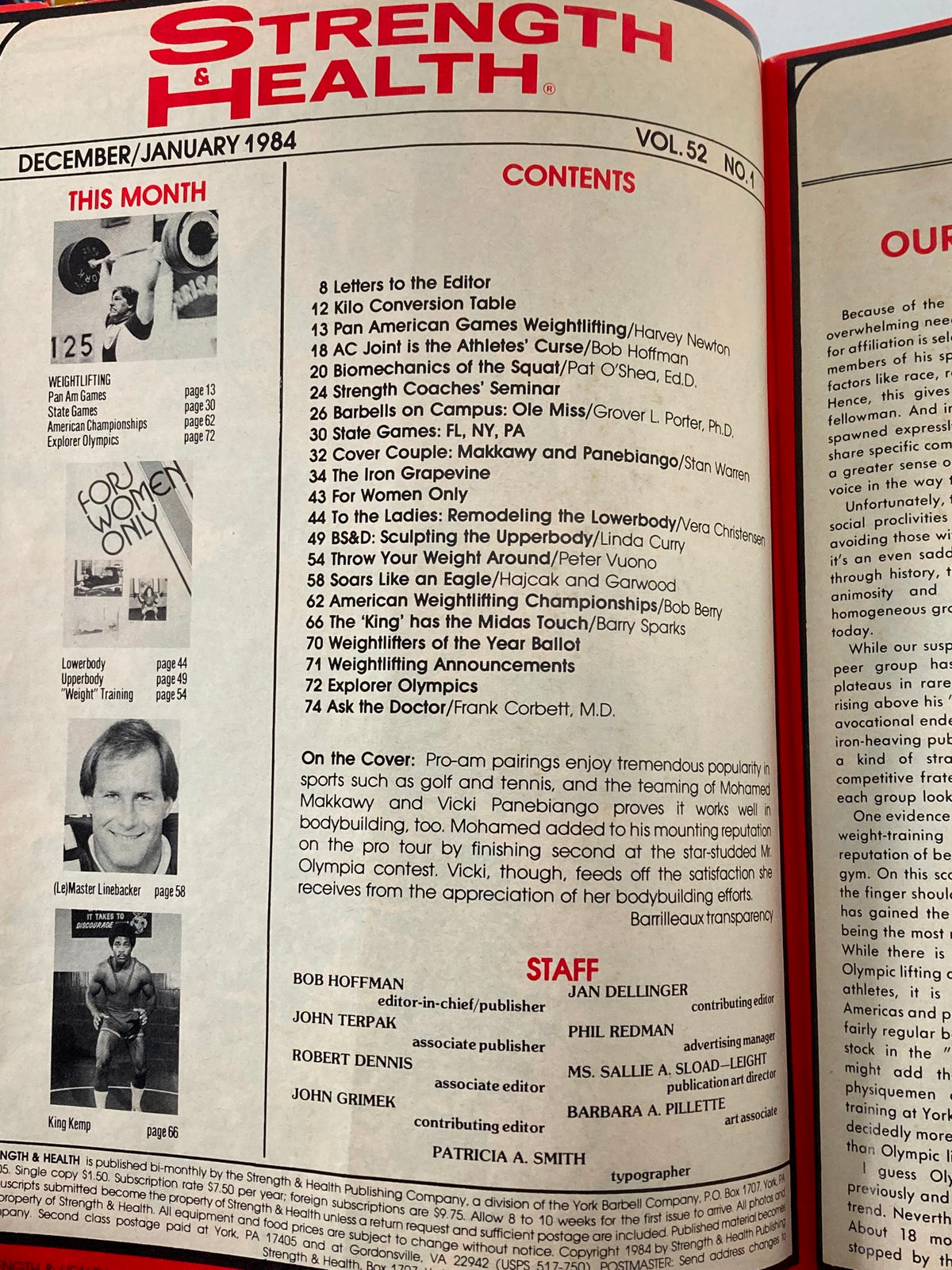 Table of contents from the January 1984 issue of VTG Strength & Health Magazine featuring notable articles and profiles, including a cover story on Mohamed Makkawy and Vicki Panebiango.