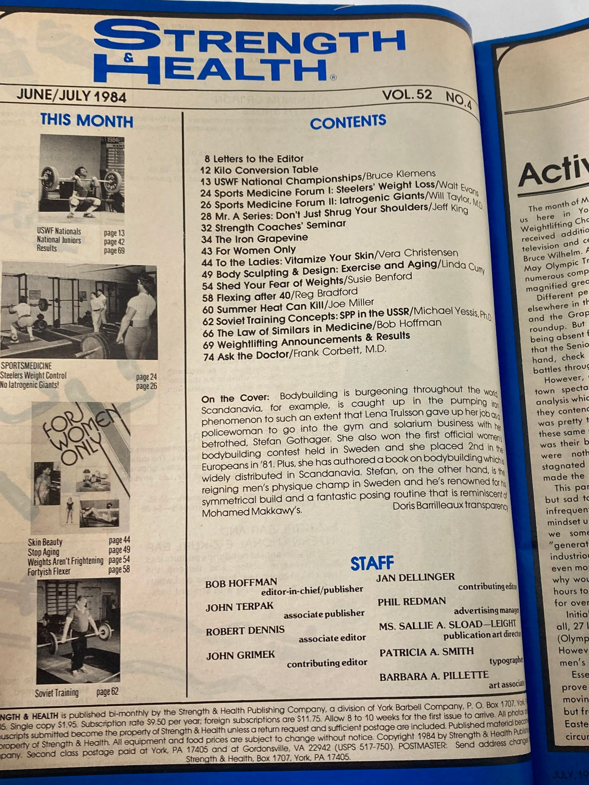 Inside view of the July 1984 issue of VTG Strength & Health Magazine, featuring contents including articles about bodybuilding, fitness tips, and a look at the bodybuilding scene of the 1980s.