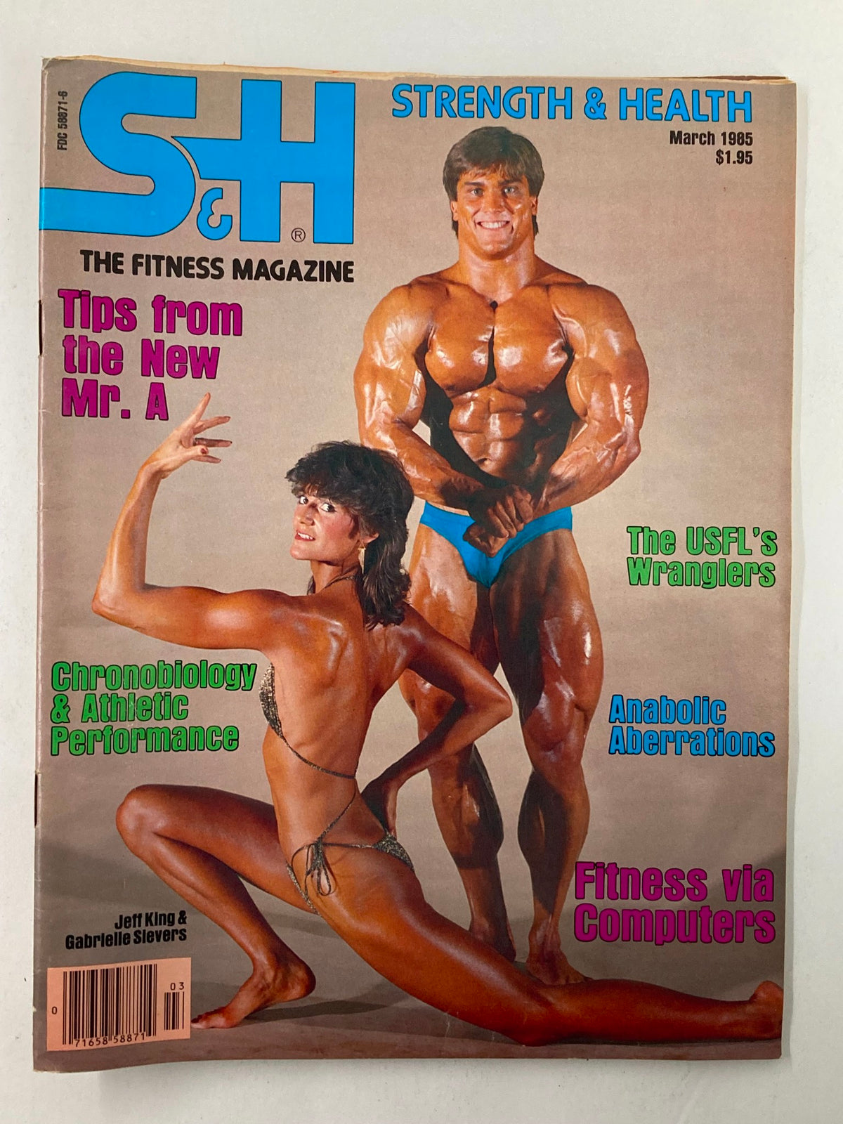 Cover of VTG Strength & Health Magazine March 1985, Vol 53 No 2 featuring Jeff King and Gabrielle Slevers, showcasing topics on fitness and bodybuilding.