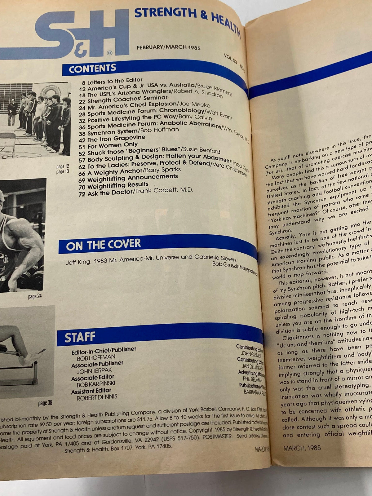 Inside page of VTG Strength & Health Magazine March 1985, Vol 53 No 2 displaying the contents list, including articles related to fitness and bodybuilding.