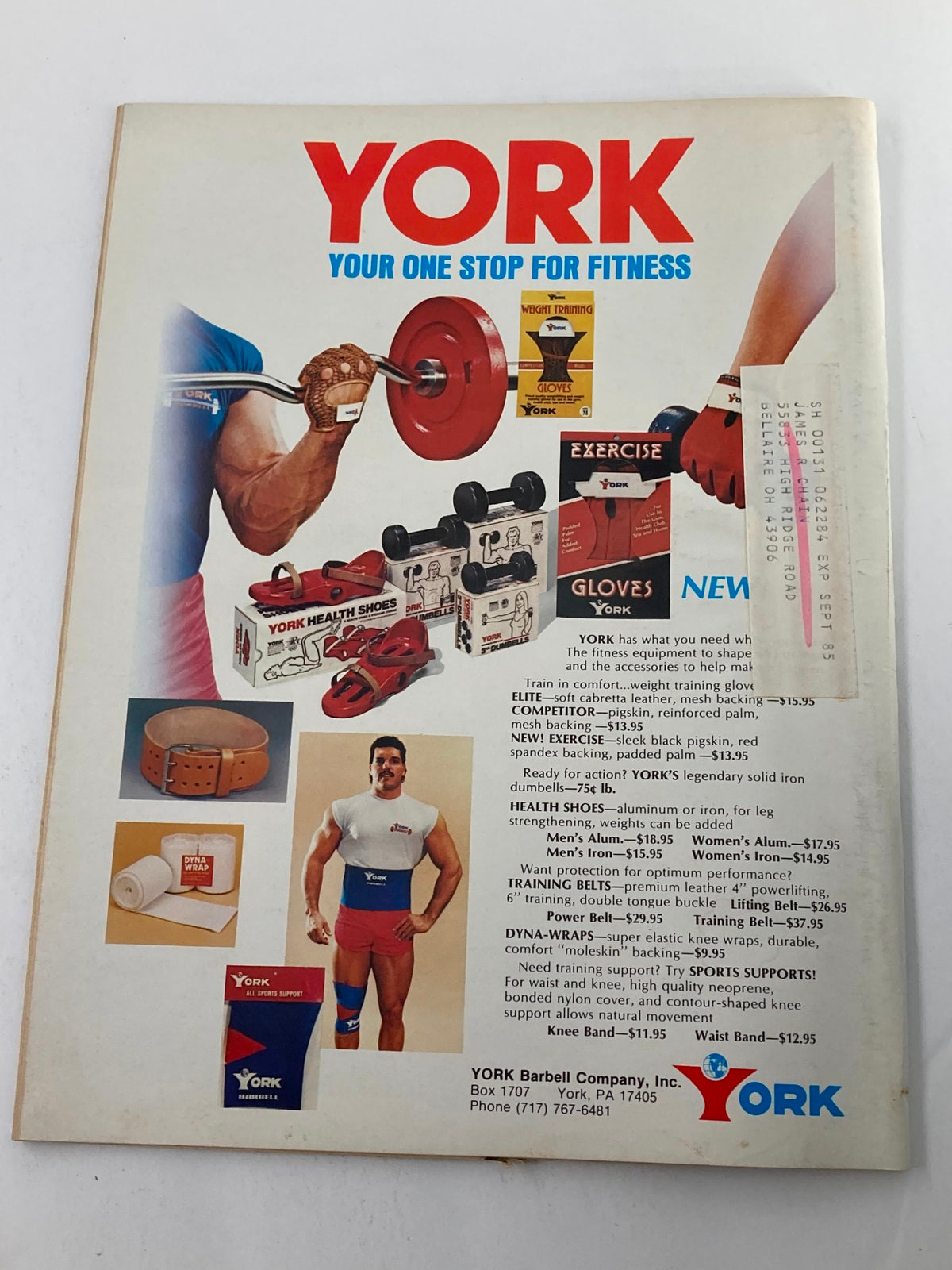 Back cover of VTG Strength & Health Magazine May 1985 showcasing fitness equipment advertisements from York Barbell Company, promoting various strength-training products.