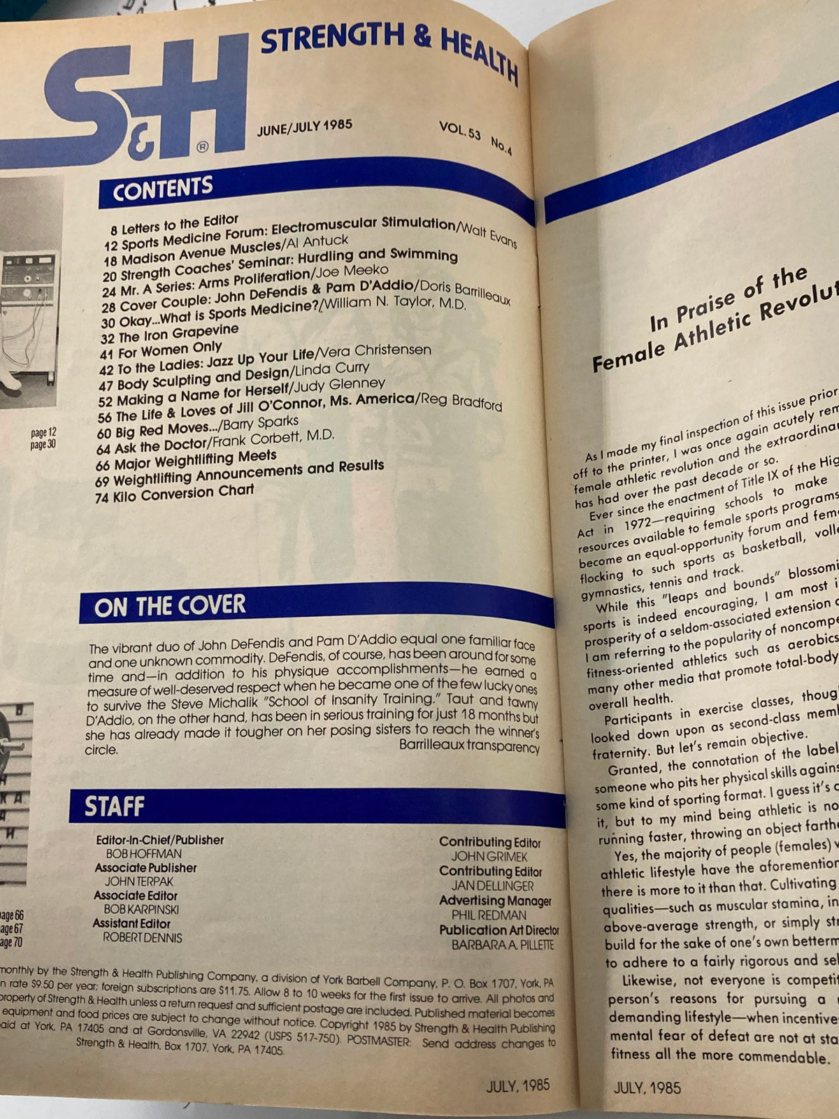 Inside view of the VTG Strength & Health Magazine July 1985, Vol 53 No 4, showcasing contents including articles on fitness, sports medicine, and insights from John DeFendls and Pam D'Addlo.