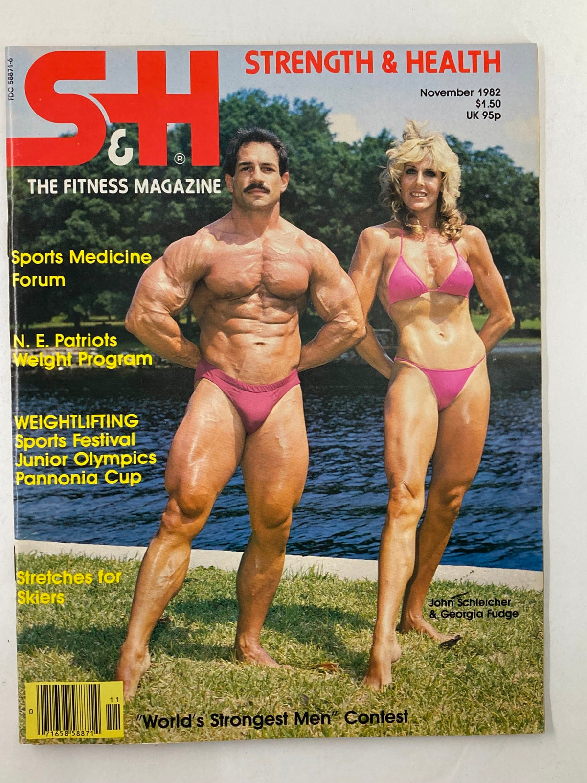 Cover of VTG Strength & Health Magazine November 1982 Volume 50 #6 featuring John Schleicher and Georgia Fudge, showcasing fitness culture from the 1980s.