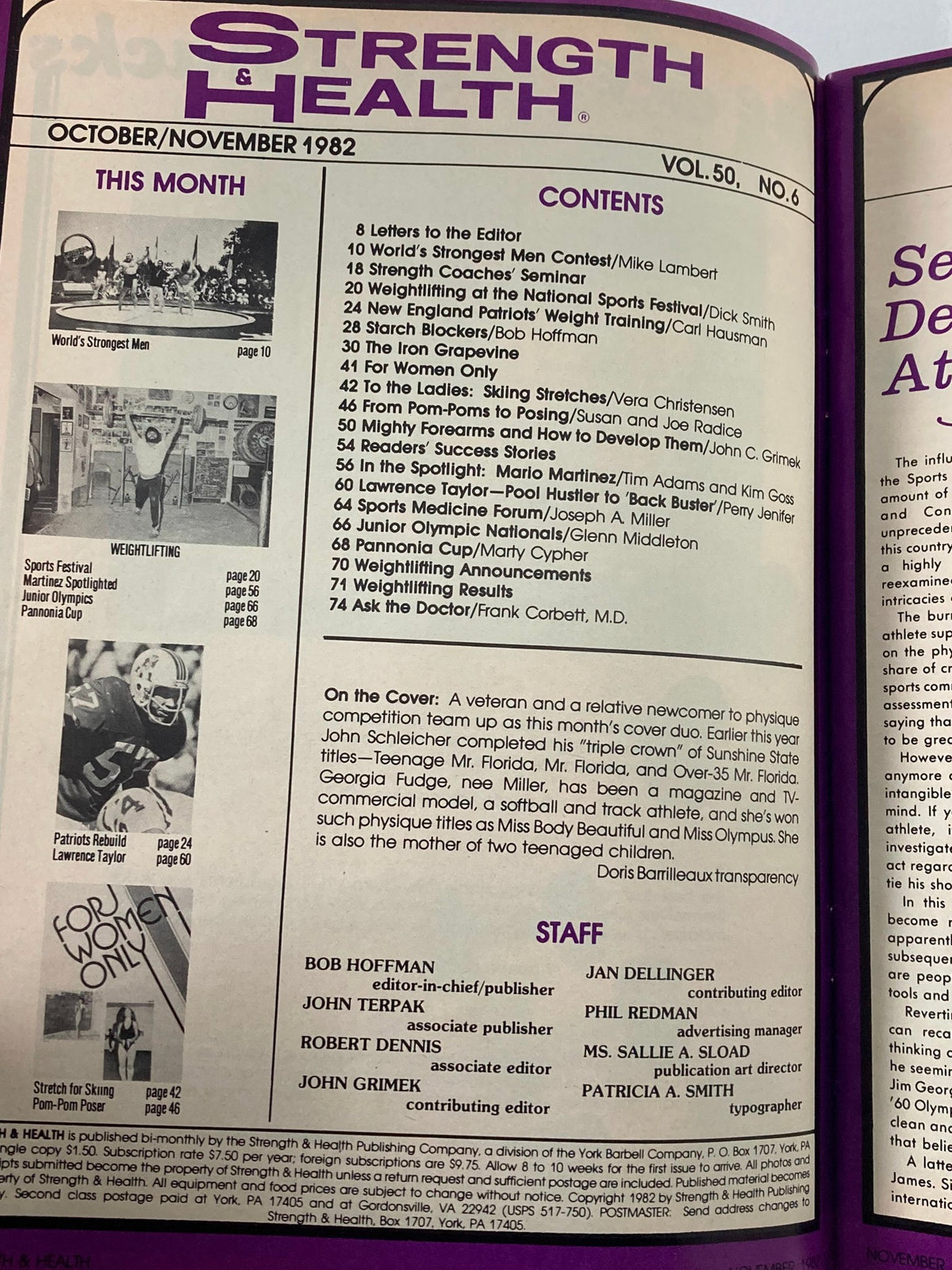 Contents page of VTG Strength & Health Magazine November 1982 Volume 50 #6 highlighting articles related to bodybuilding and the World's Strongest Men contest.