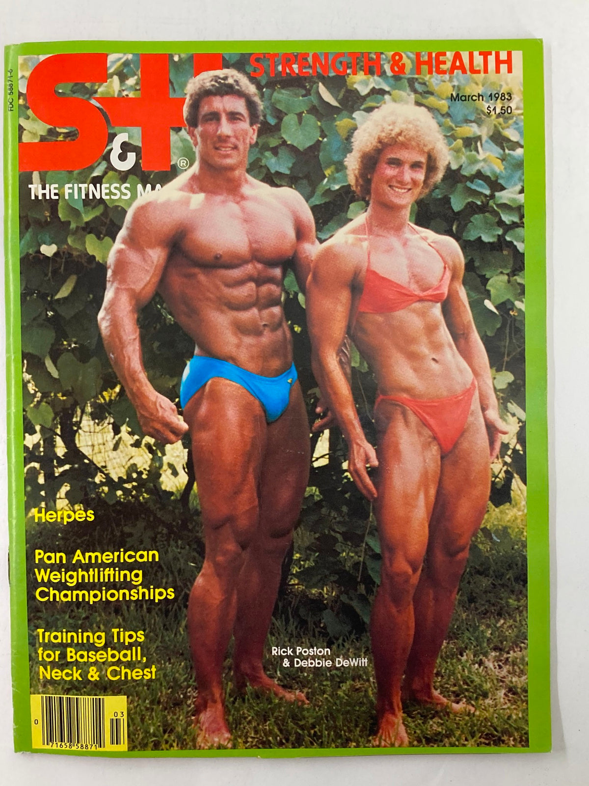 Vintage Strength & Health Magazine cover from March 1983 featuring Rick Poston and Debbie DeWitt, showcasing the bodybuilding trends of the era.