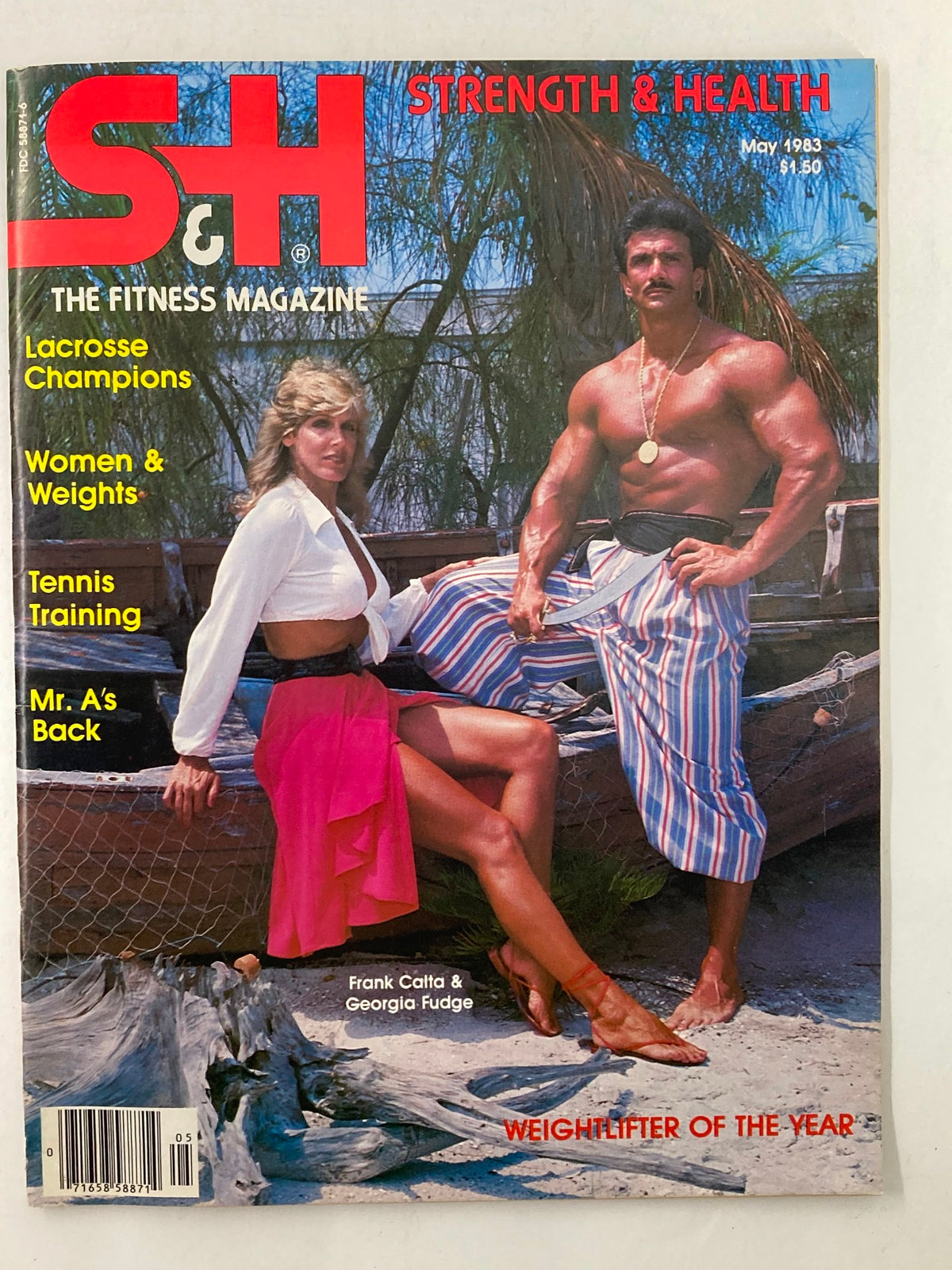 Cover of VTG Strength & Health Magazine May 1983 Vol 51 #3 featuring Frank Calta and Georgia Fudge in a tropical setting, showcasing fitness culture of the 1980s.