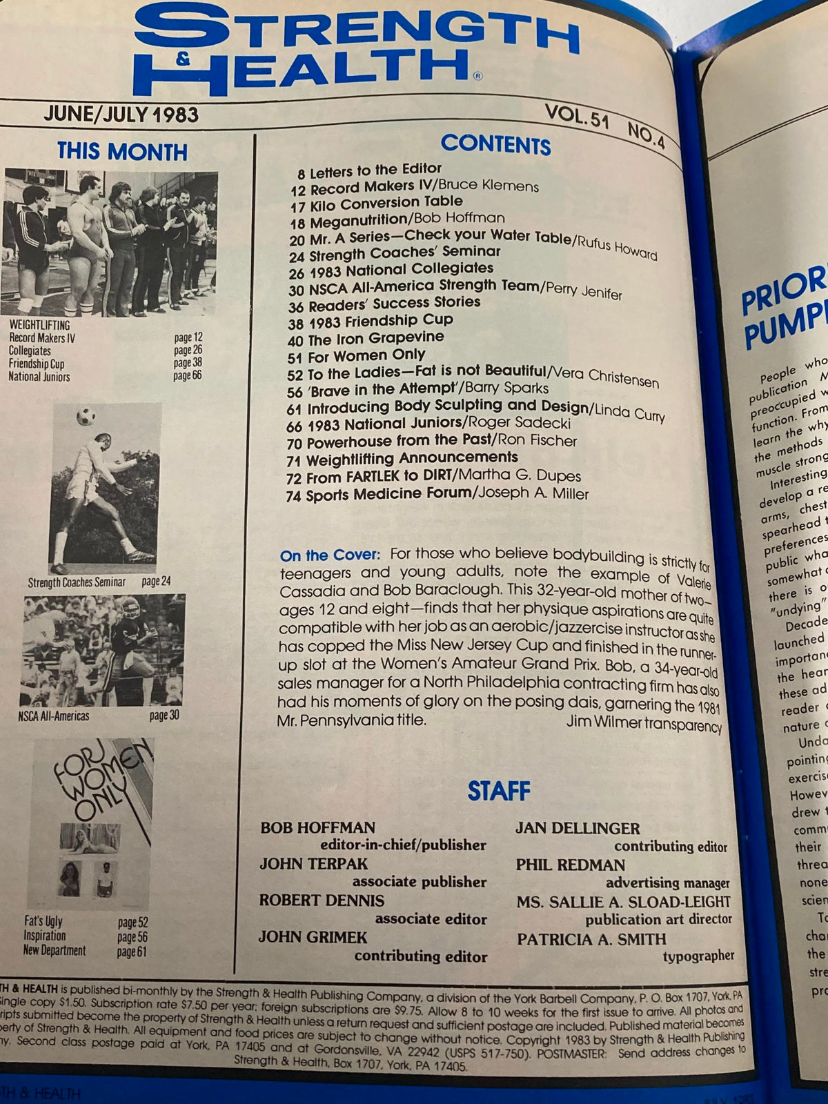 Inside content page of VTG Strength & Health Magazine July 1983 Vol 51 #4, outlining articles and features such as training tips and fitness competition news.