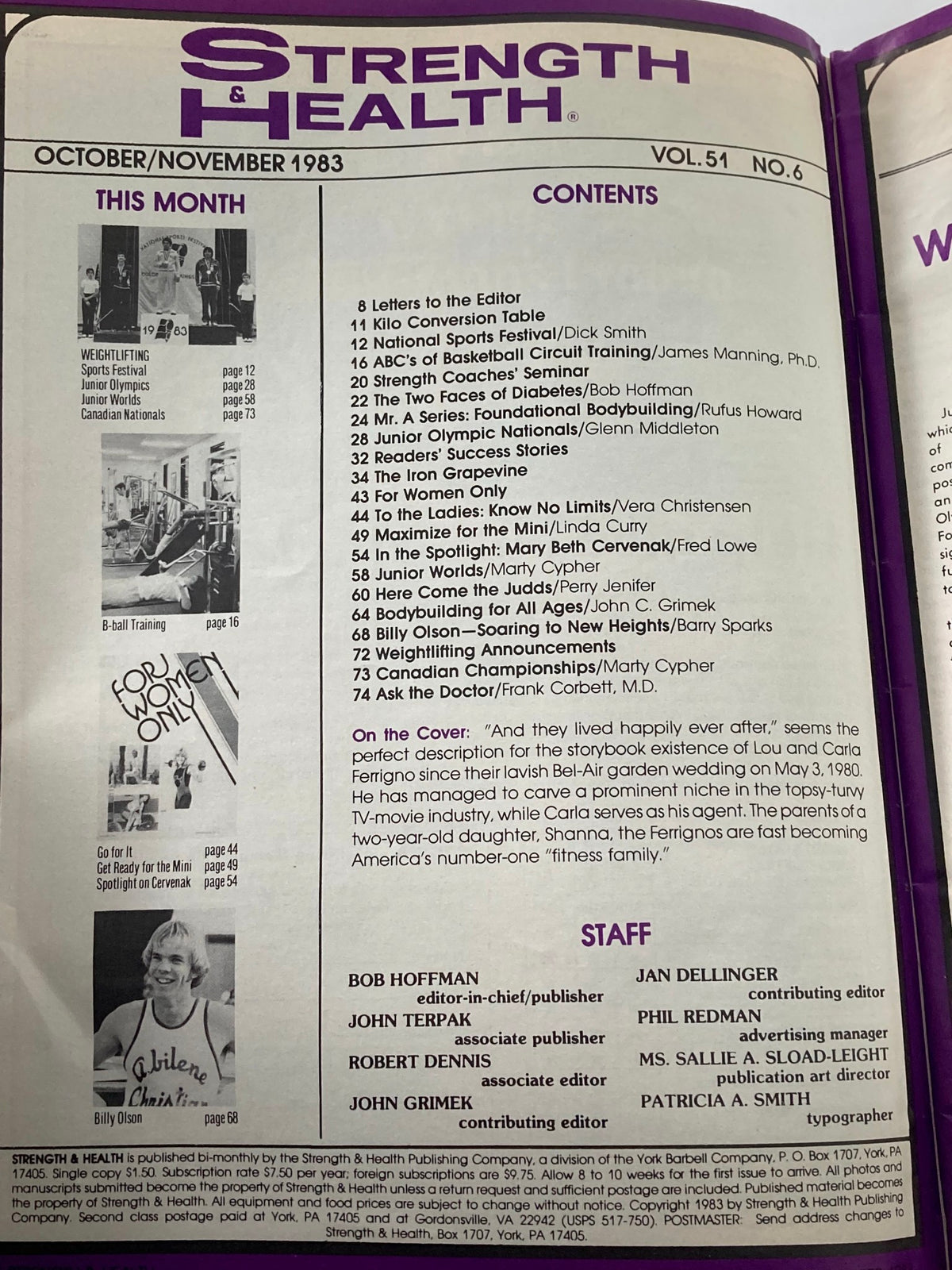 Contents page of VTG Strength & Health Magazine November 1983 Vol 51 #6 showcasing an overview of topics including bodybuilding, weightlifting events, and fitness tips from prominent contributors.