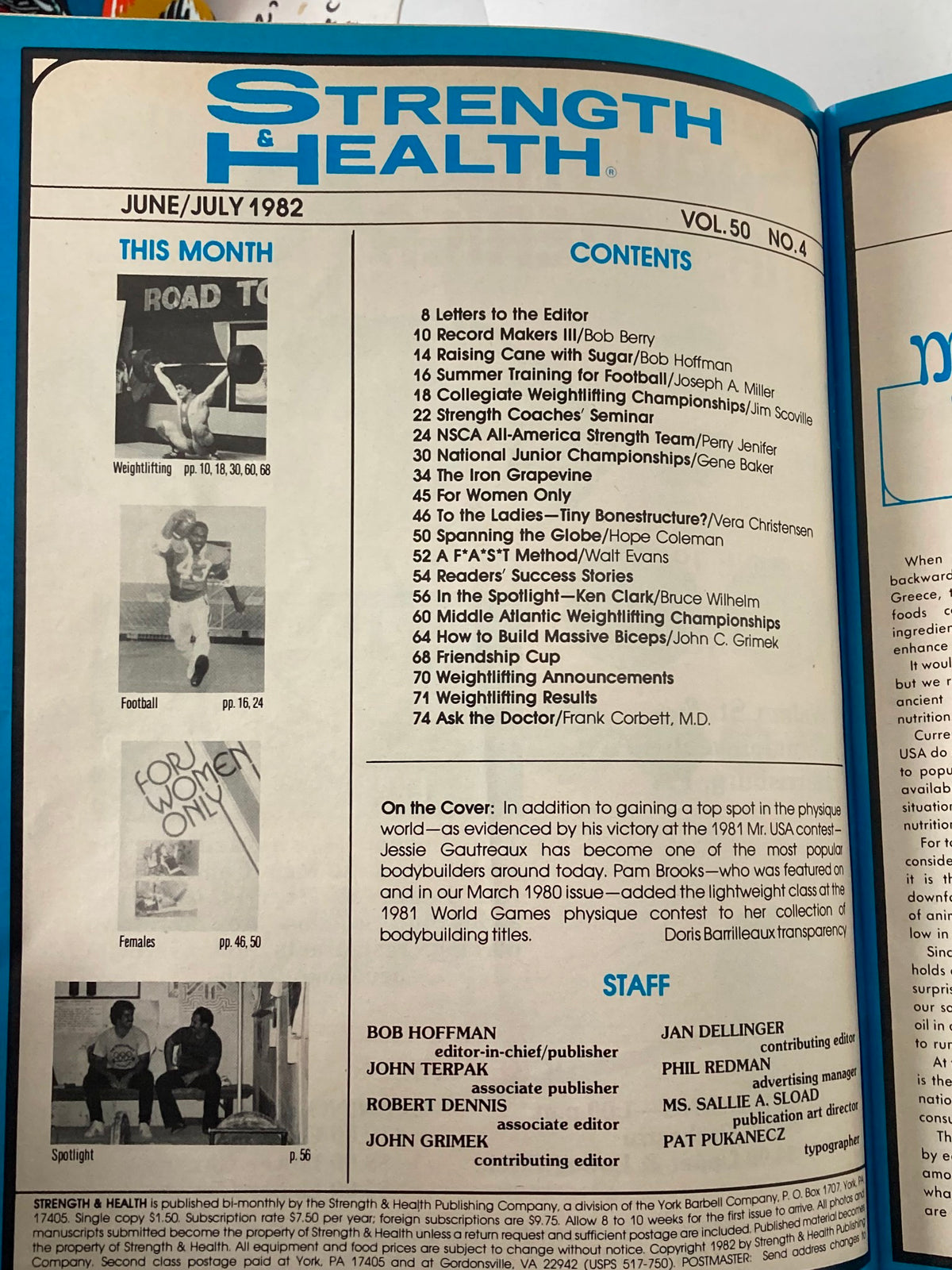 Table of contents from VTG Strength & Health Magazine July 1982 Vol 50 #4, highlighting articles on weightlifting, female competitors, and strength coaching.