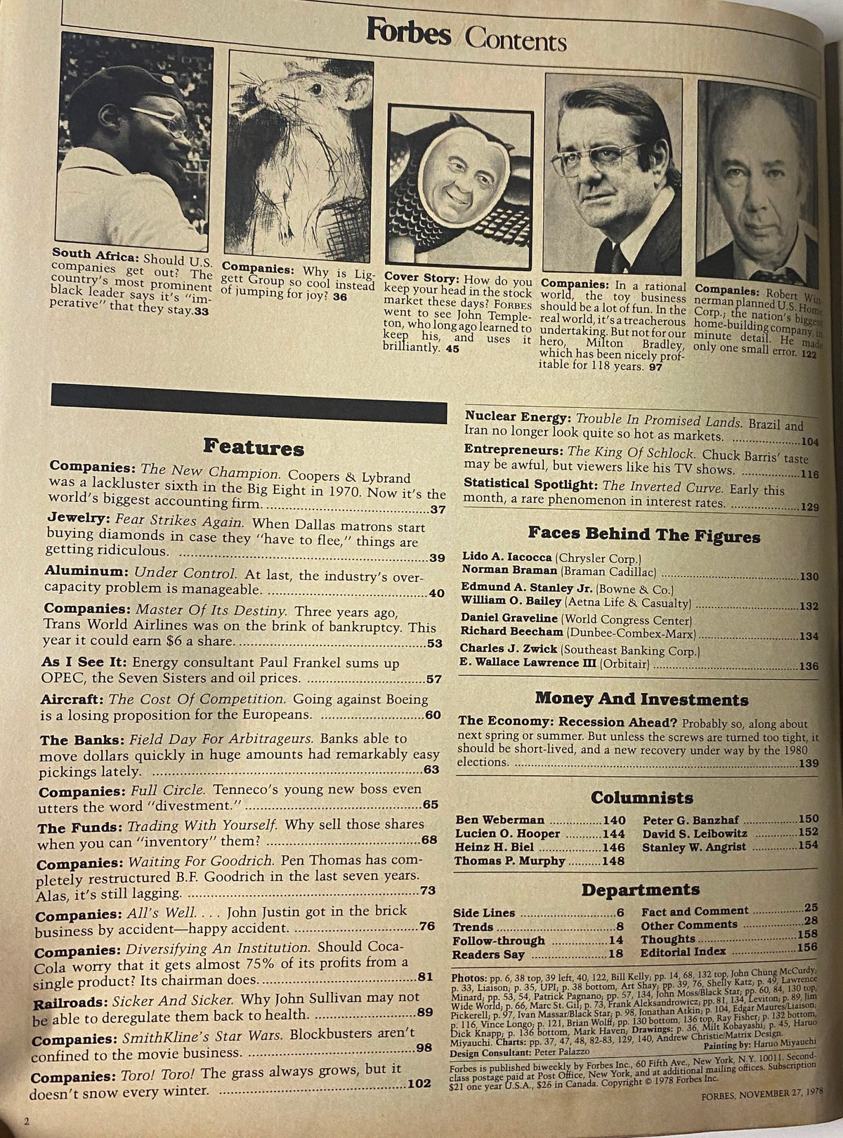 Contents page of Forbes Magazine November 27, 1978 showcasing articles including the cover story on John Templeton's investment approach.