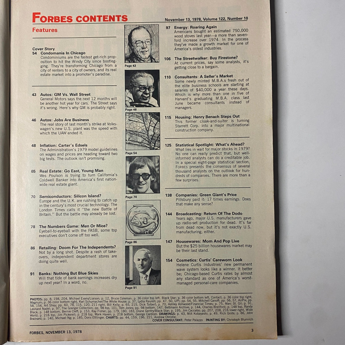 Contents page of Forbes Magazine, November 13, 1978, highlighting articles including the cover story 'Condomania in Chicago' and various features on business and economy.