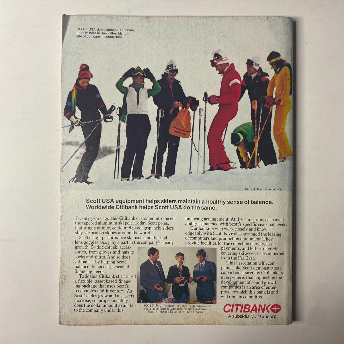 Advertisement from Forbes Magazine January 8, 1979 featuring Scott USA ski equipment and a group of skiers in colorful ski attire enjoying a snowy landscape. The ad emphasizes how Scott USA gear contributes to skiing performance, alongside a note about Citibank's support for the business.