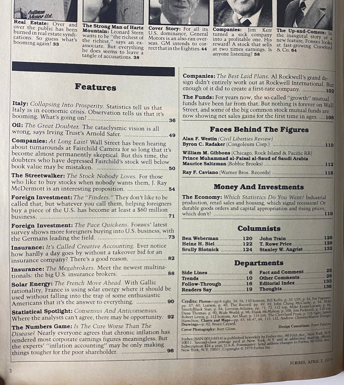 Inside pages of Forbes Magazine April 2, 1979 highlighting features on Italy's economy and various financial articles.