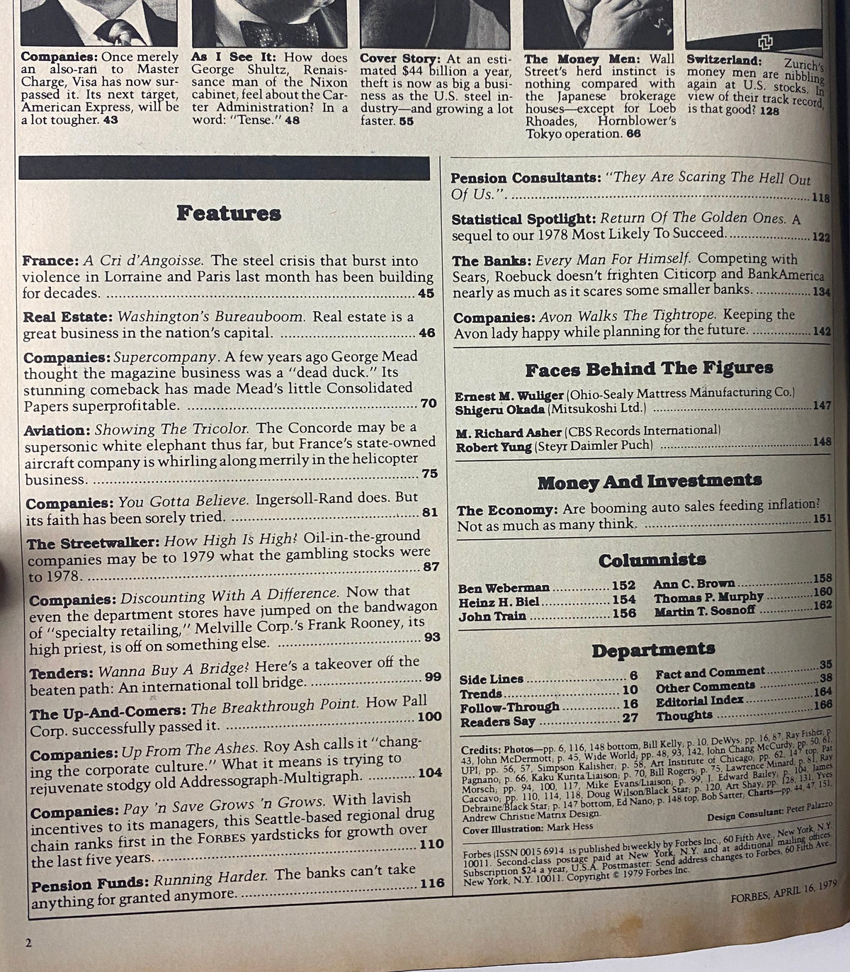 Table of contents from Forbes Magazine dated April 16, 1979, featuring articles on theft, economic insights, and business trends under the title 'Forbes Magazine April 16, 1979 The Growing Business of Theft'.