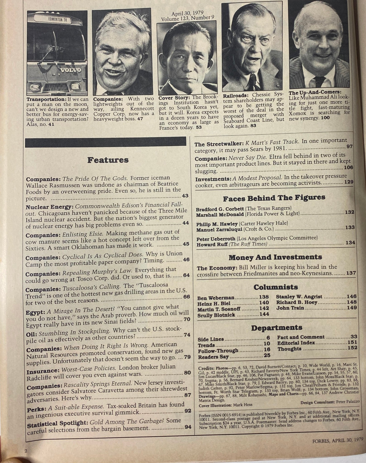Inside page of Forbes Magazine April 30, 1979 listing features and articles, including the cover story about South Korea's economic ambitions.