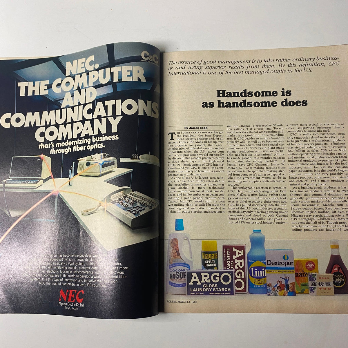 An internal page of Forbes Magazine March 3, 1980 highlighting NEC, the computer and communications company, along with CPC International's business strategies.