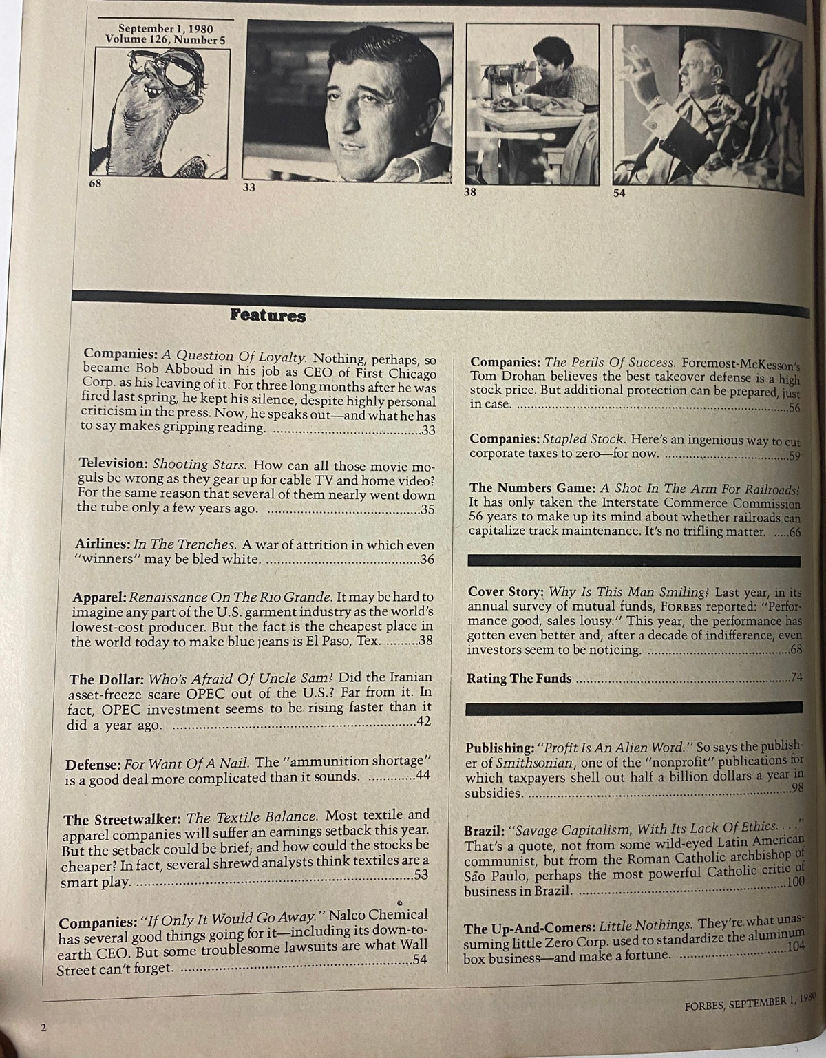 Inside pages of Forbes Magazine, September 1, 1980, highlighting key features and articles related to the financial market and annual mutual fund survey.