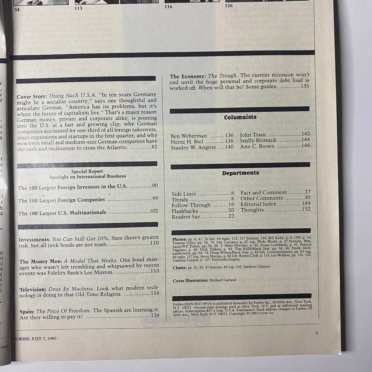 Table of contents from Forbes Magazine July 7, 1980 highlighting articles on international business and company insights, including 'Drang Nach U.S.A.'.