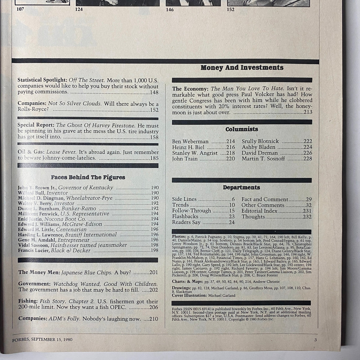 Detailed inside pages of Forbes Magazine from September 15, 1980 featuring articles on economic trends, corporate strategies, and Delta Air Lines.