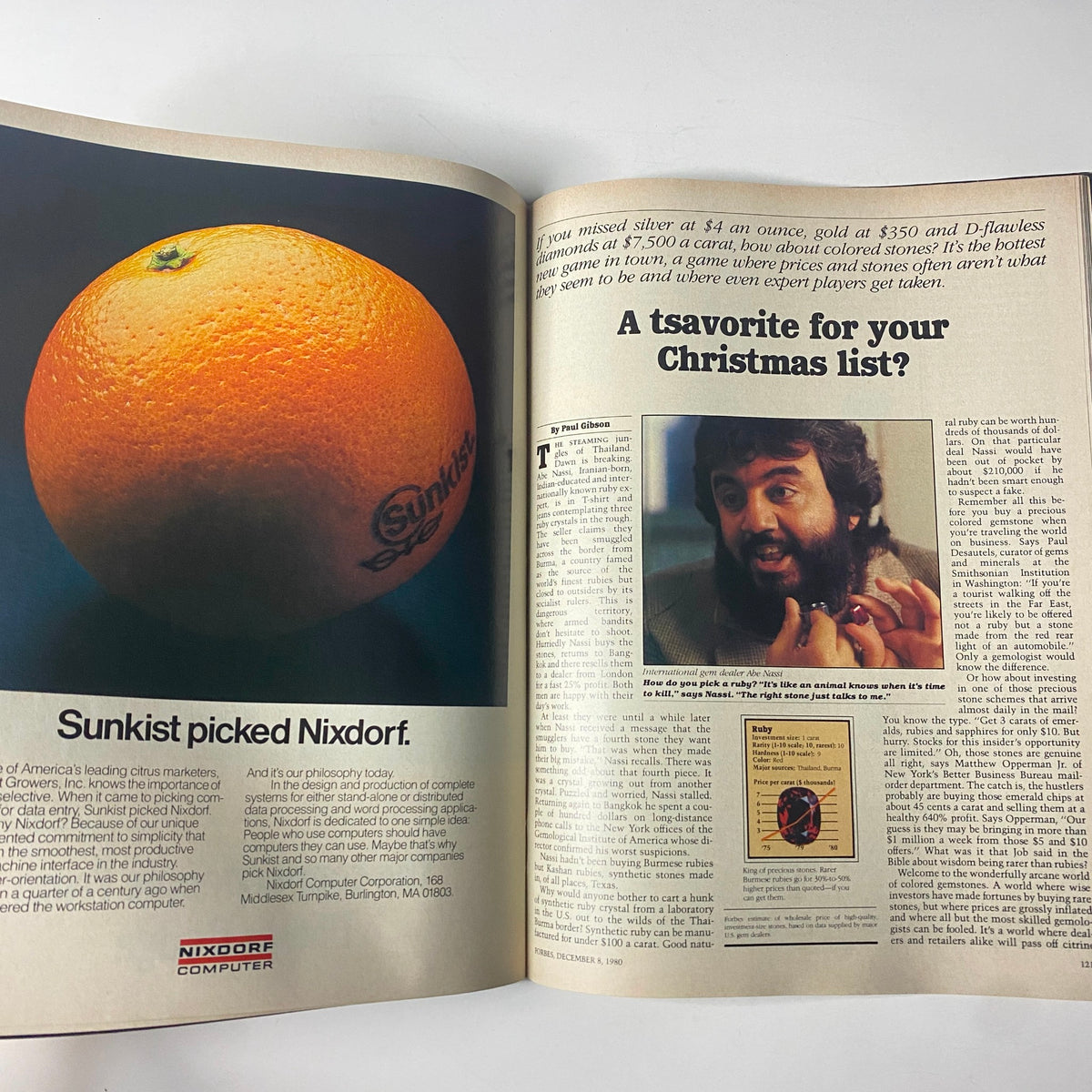 A detailed article from Forbes Magazine December 8, 1980, discussing investment in colored gemstones alongside a Sunkist advertisement.