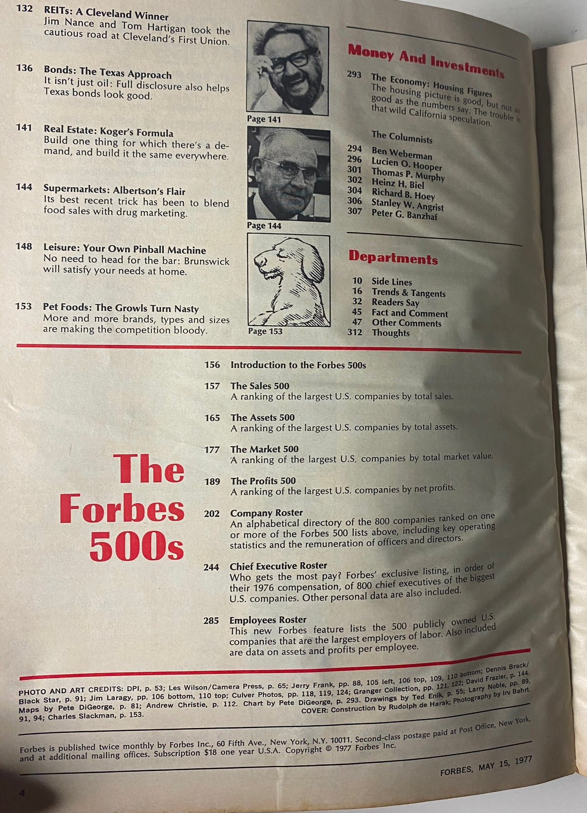 Interior page of Forbes Magazine May 15, 1977 displaying sections including Money and Investments, featuring an introduction to the Forbes 500 rankings of the largest U.S. companies by sales, assets, market value, and profits.