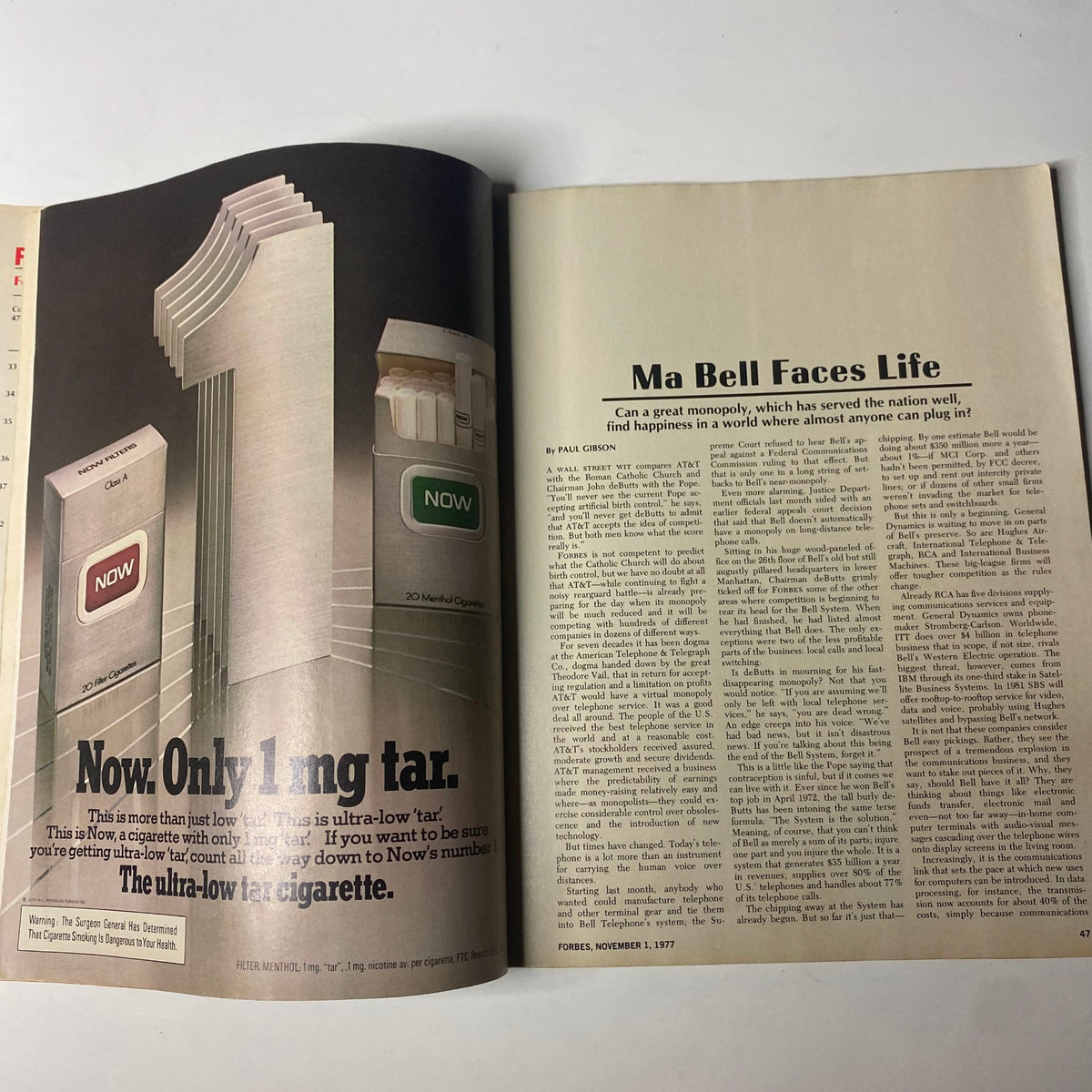 Forbes Magazine November 1, 1977, featuring the article 'Ma Bell Faces Life' discussing AT&T's transformation in the telecommunications industry.