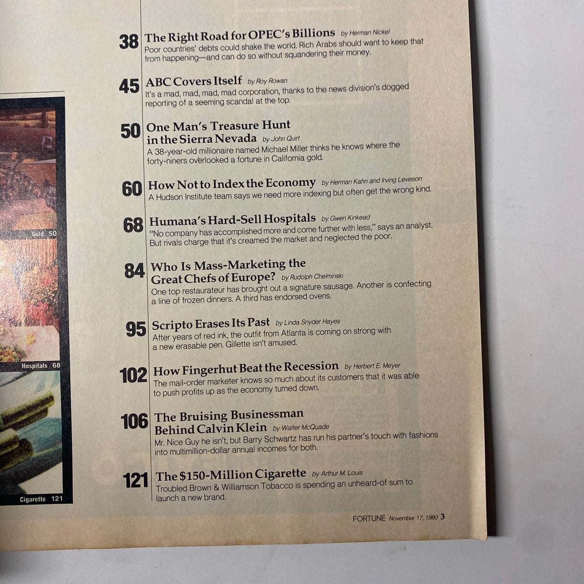 Interior page of Fortune Magazine, November 17, 1980, highlighting articles including 'Who Is Mass-Marketing the Great Chefs of Europe?'. This page features details about prominent chefs and culinary advancements.