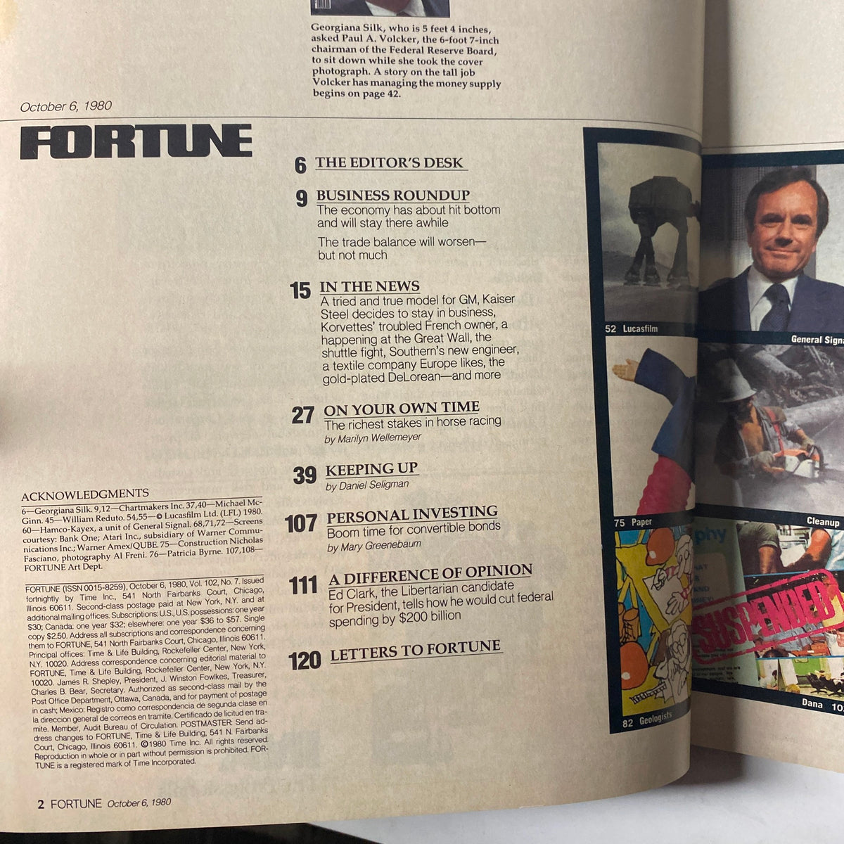 Table of contents page from the October 6, 1980 Fortune Magazine, highlighting articles including business roundup and various economic insights.