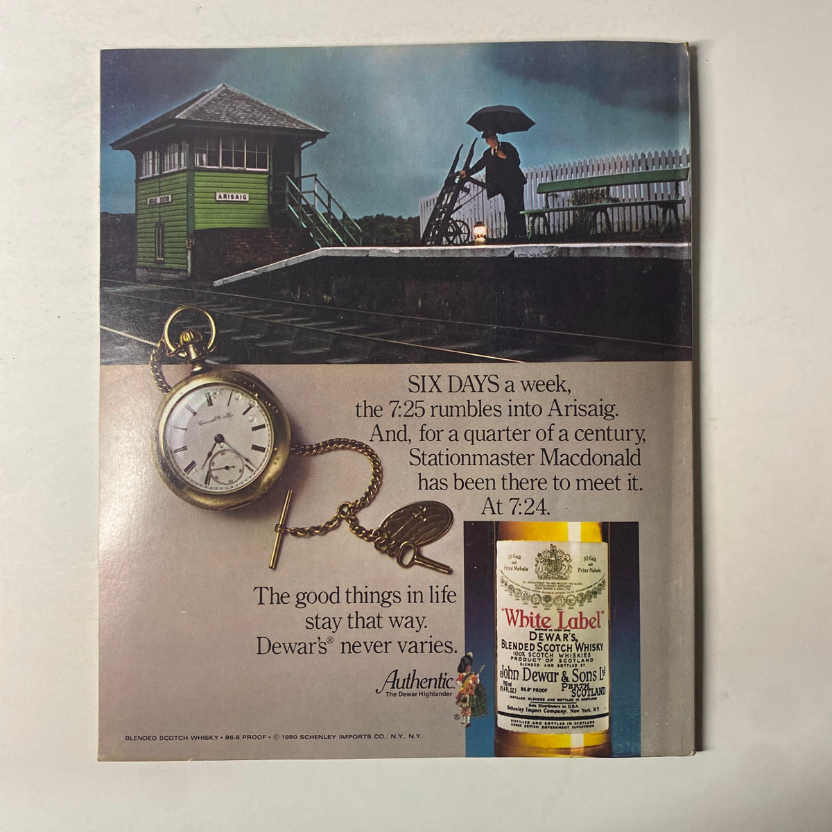 Back cover advertisement from the October 6, 1980 issue of Fortune Magazine, featuring a Dewar's Whiskey ad with a pocket watch and serene station master's scene.