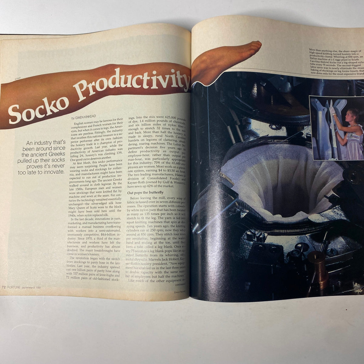 Feature article titled 'Socko Productivity' in Fortune Magazine from September 8, 1980, discussing advancements in the sock manufacturing industry with visuals and text.