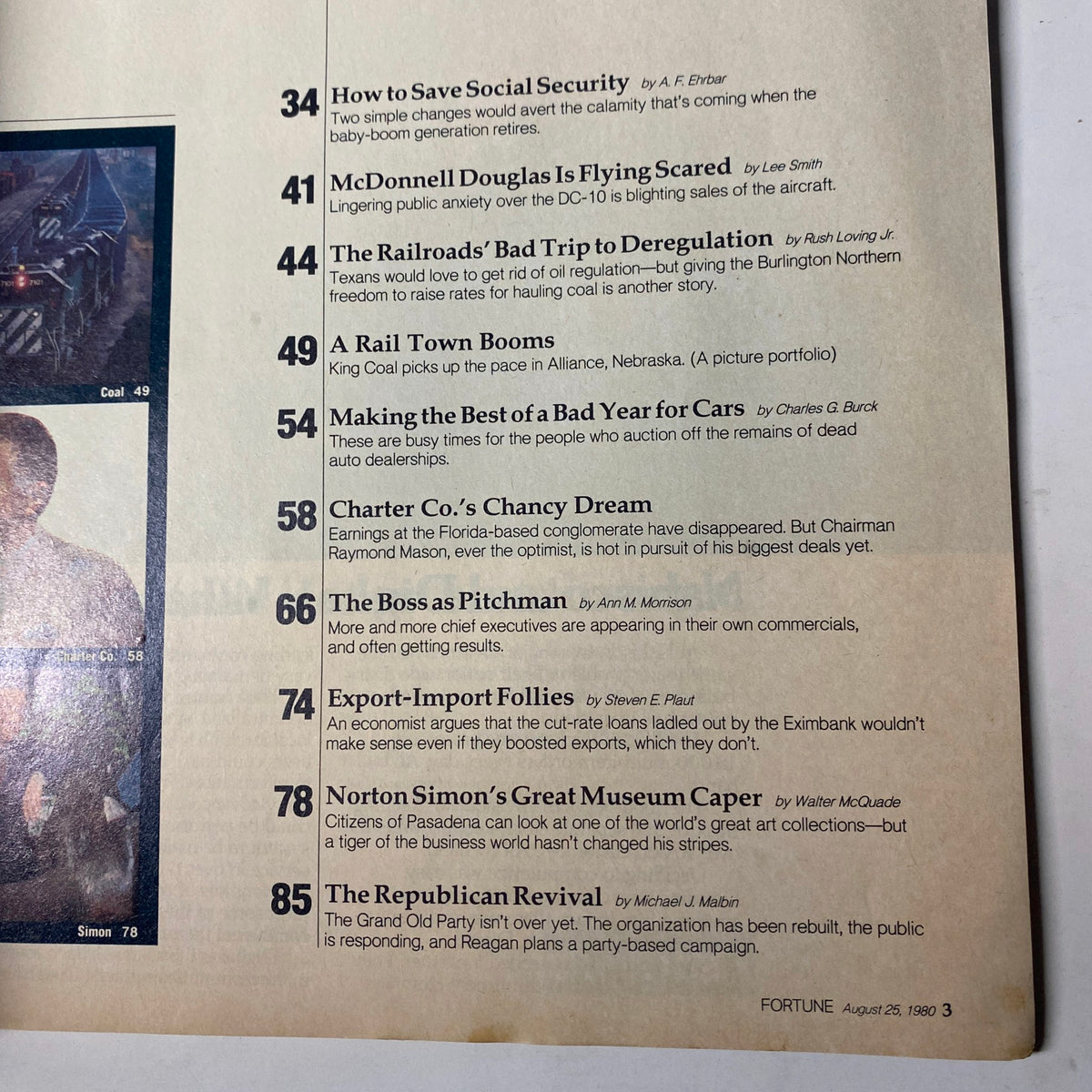 Page from Fortune Magazine, August 25, 1980, featuring the table of contents with articles highlighted, including 'The Boss as Pitchman' and 'Charter Co.'s Chancy Dream.' Image captures insights into business trends of the era.