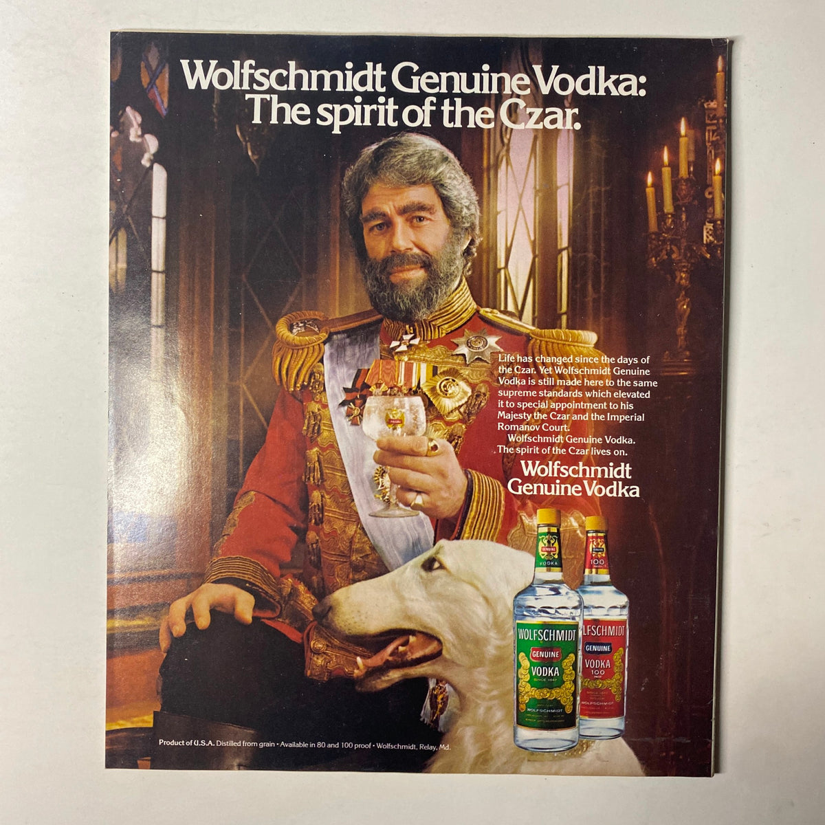 Ad page from Fortune Magazine, July 28, 1980, promoting Wolfschmidt Genuine Vodka with artistic imagery and a historical theme.